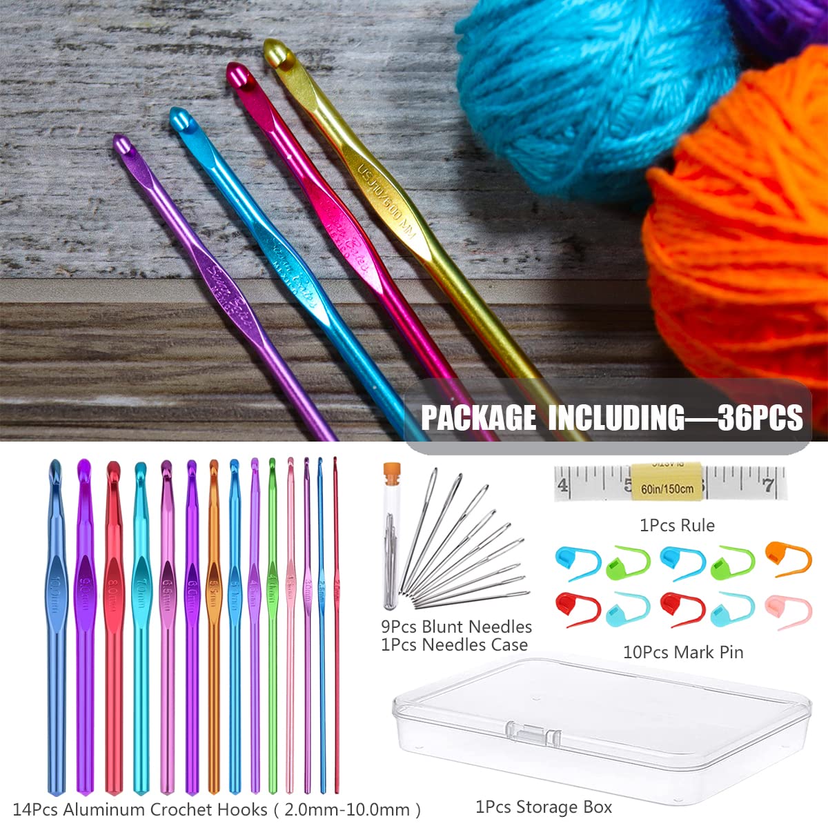 36Pcs Crochet Hooks Set 14pcs Aluminum Crochet Hooks Knitting Accessories Tools with Case Crochet Kits for Beginners Adults 2.0mm-10.0mm Transparent 14pcs Aluminium Crochet Hooks+22pcs Accessories