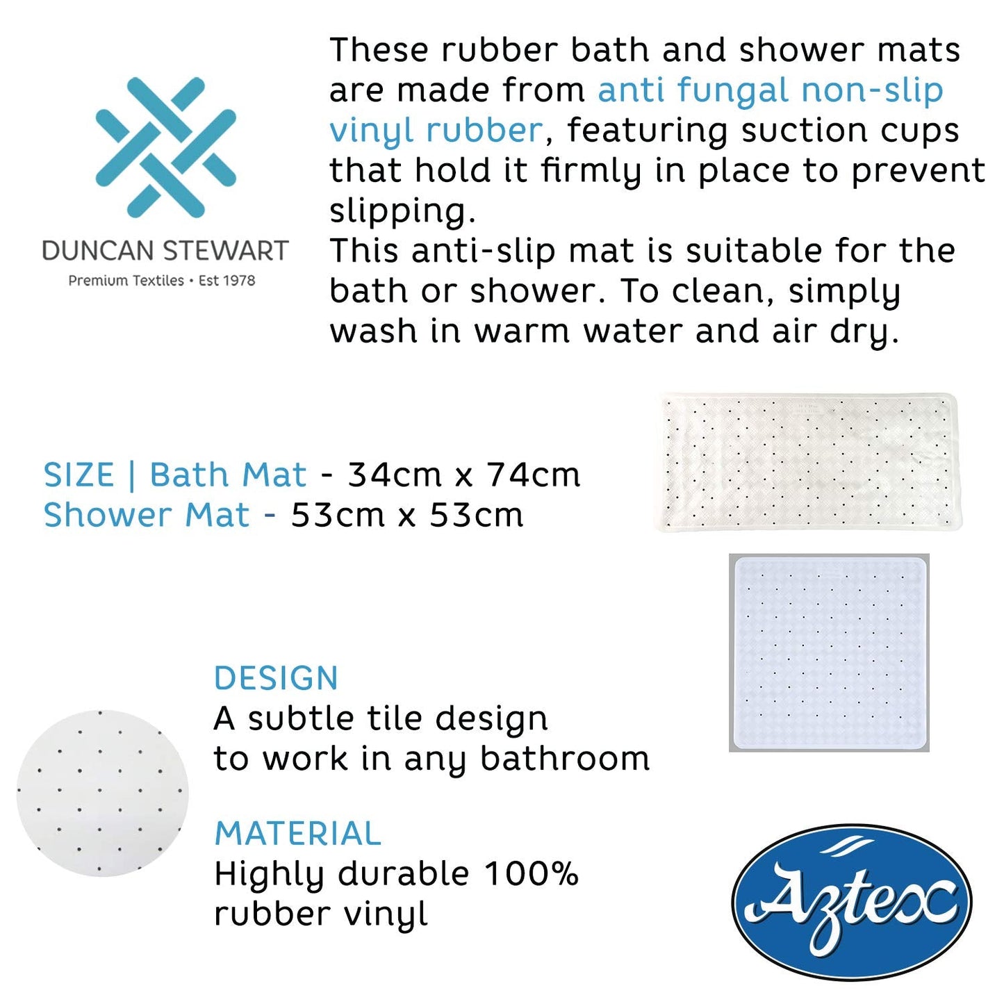 Anti-Fungal Non Slip Shower or Bath Mat with Suction Cups and Drainage Holes, Slip Resistant Shower Tread, Made From Rubber Vinyl - Shower Mat, Off White Off-white