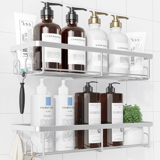 Kitsure Shower Caddy - 2 Pack Rustproof Shower Organizer, Drill-Free & Quick-Dry Shower Shelves for inside Shower with Large Capacity, Durable Stainless Steel Shower Rack with 4 Hooks, Silver Clear