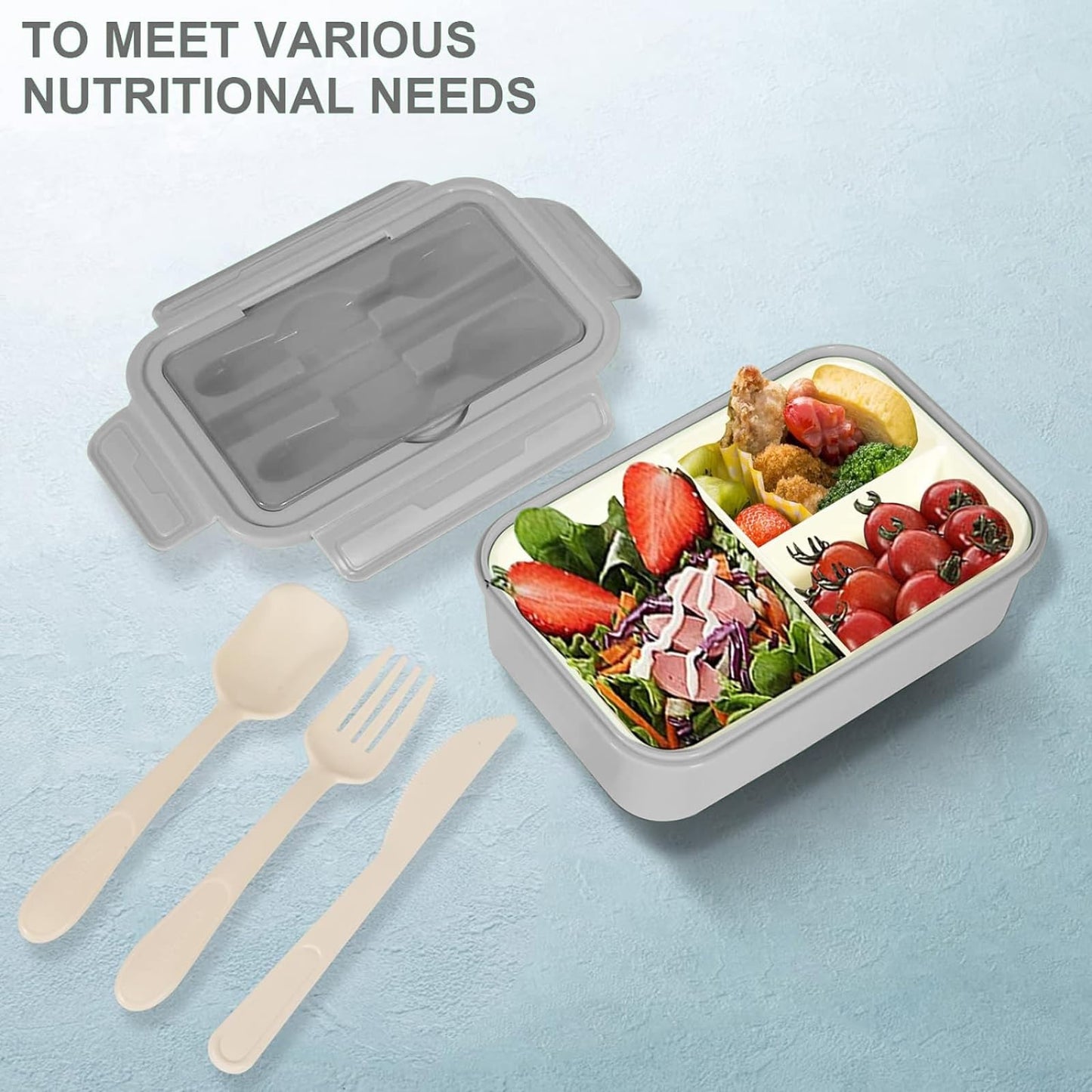 IJIAMY 1400ml Bento Lunch Box, Container with 3 Compartments, Cutlery, Dishwasher, BPA Free Sandwich Box for Adults and Kids Grey