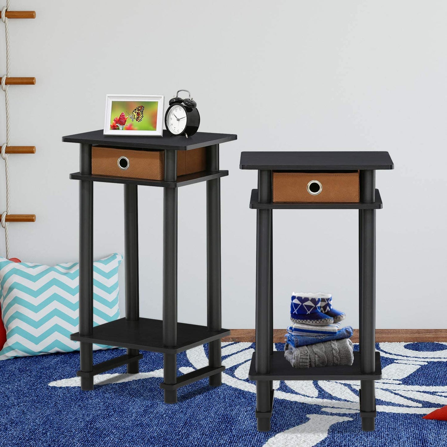 Furinno Turn-N-Tube 2-Pack Tall End Table, Side Table with Bin, Espresso/Brown