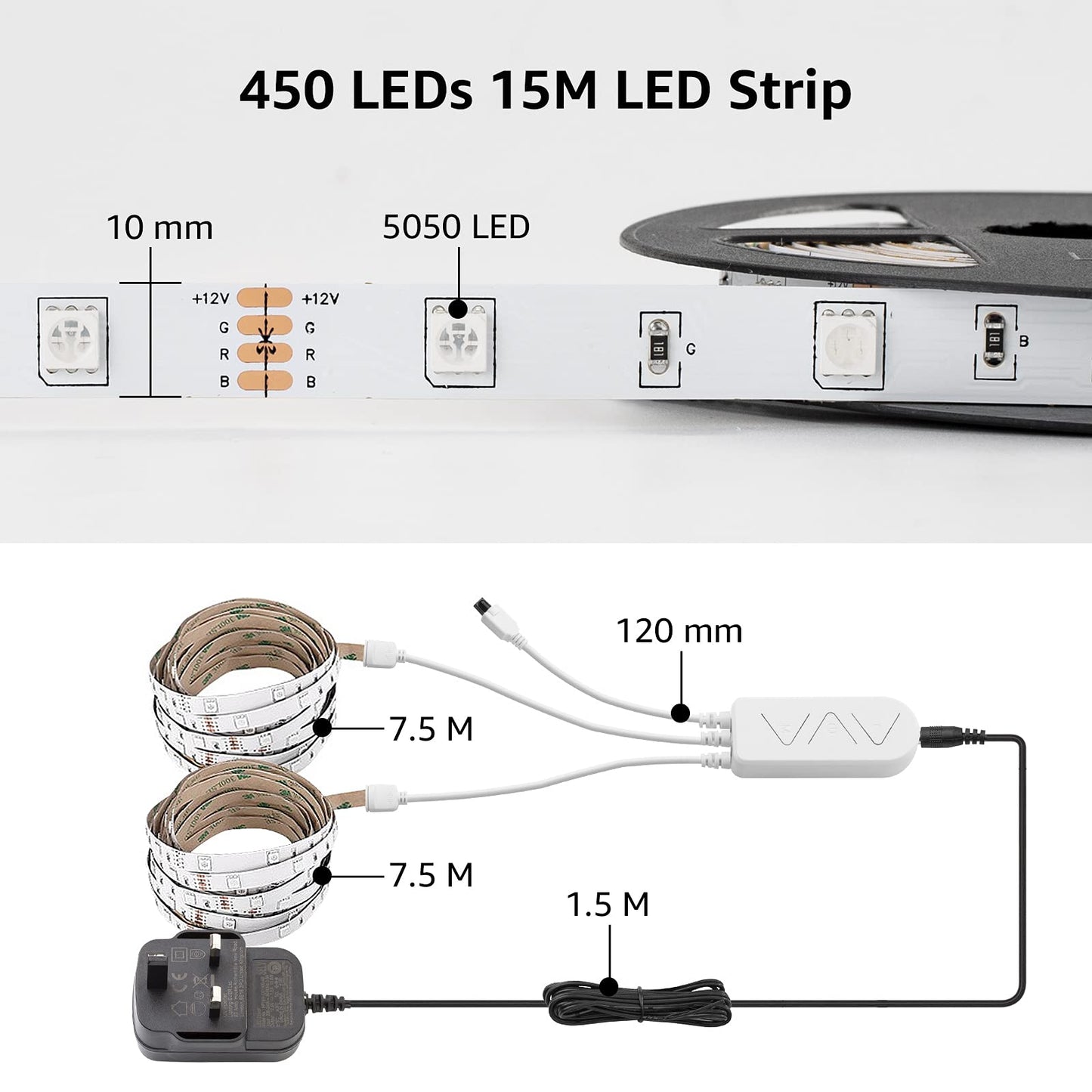 Lepro LED Strip Lights Music Sync 15M (2x7.5M), 5050 RGB Colour Changing LED Strip with Remote and Plug, Dimmable Stick on LED Lights for Bedroom, Kitchen, Party, Teen Girl Kids Room Decor