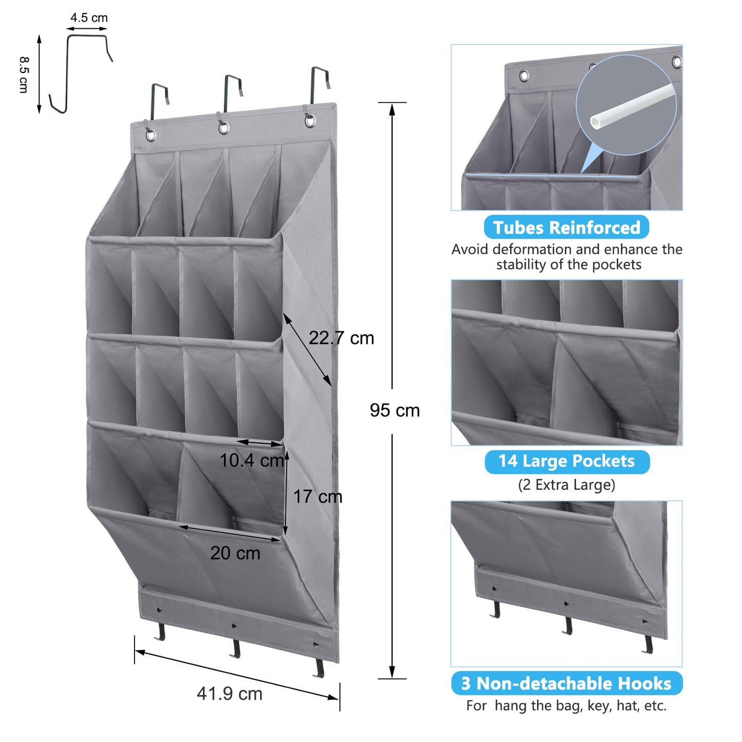 FENTEC Over Door Shoe Organizer, Over Door Storage 14 Pockets, Hanging Shoe Storage Door Shoe Rack Sturdy 600D Oxford Fabric with 3 Hooks for Space Saving, Heavy Duty, Grey 1 Pack-14 Pockets