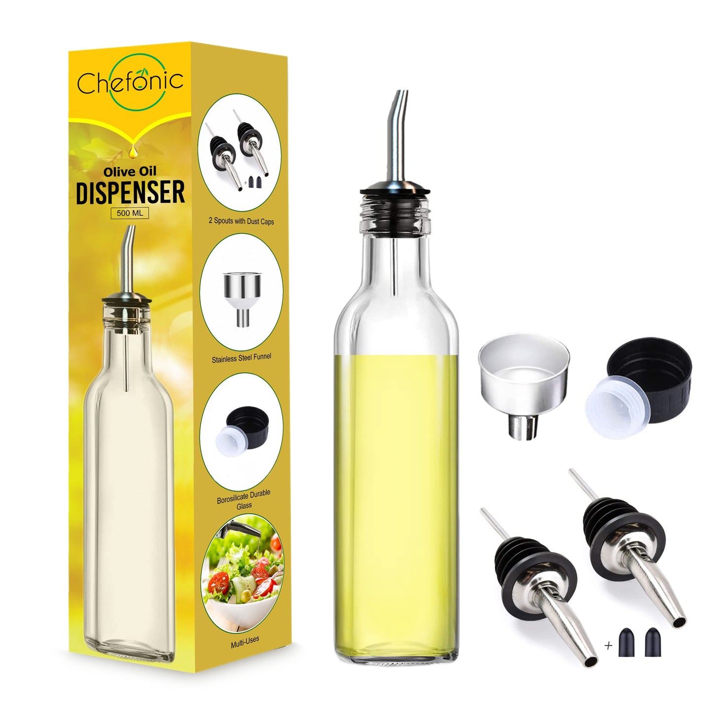 Glass Olive oil dispenser 500 ml, with 1 Funnel For Easy Refill, 2 Stainless Steel Pourer, Clear Borosilicate Oil Bottle for Kitchen, Cooking Oil Container