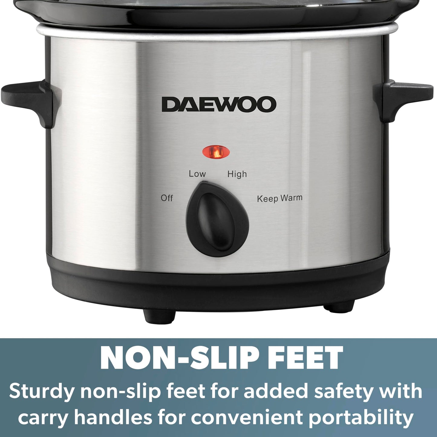 Daewoo Stainless Steel Slow Cooker With 3 Heat Settings And Power Indicator, Dishwasher Safe and Carry Handles With Raised Feet, Easy Clean, 1.5-Litres 1.5L