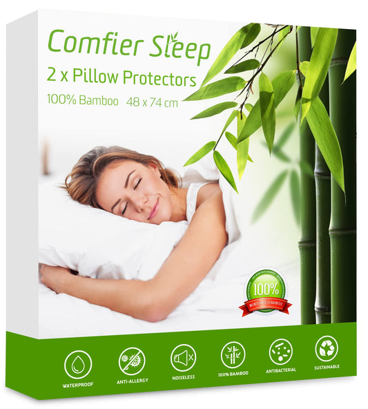 Comfier Sleep Waterproof Pillow Protectors 48x74 Anti Allergy Super Soft Pillow Protectors 2 pack, 100% bamboo Pillow Cases 2 Pack Zipped 48 x 74 cm