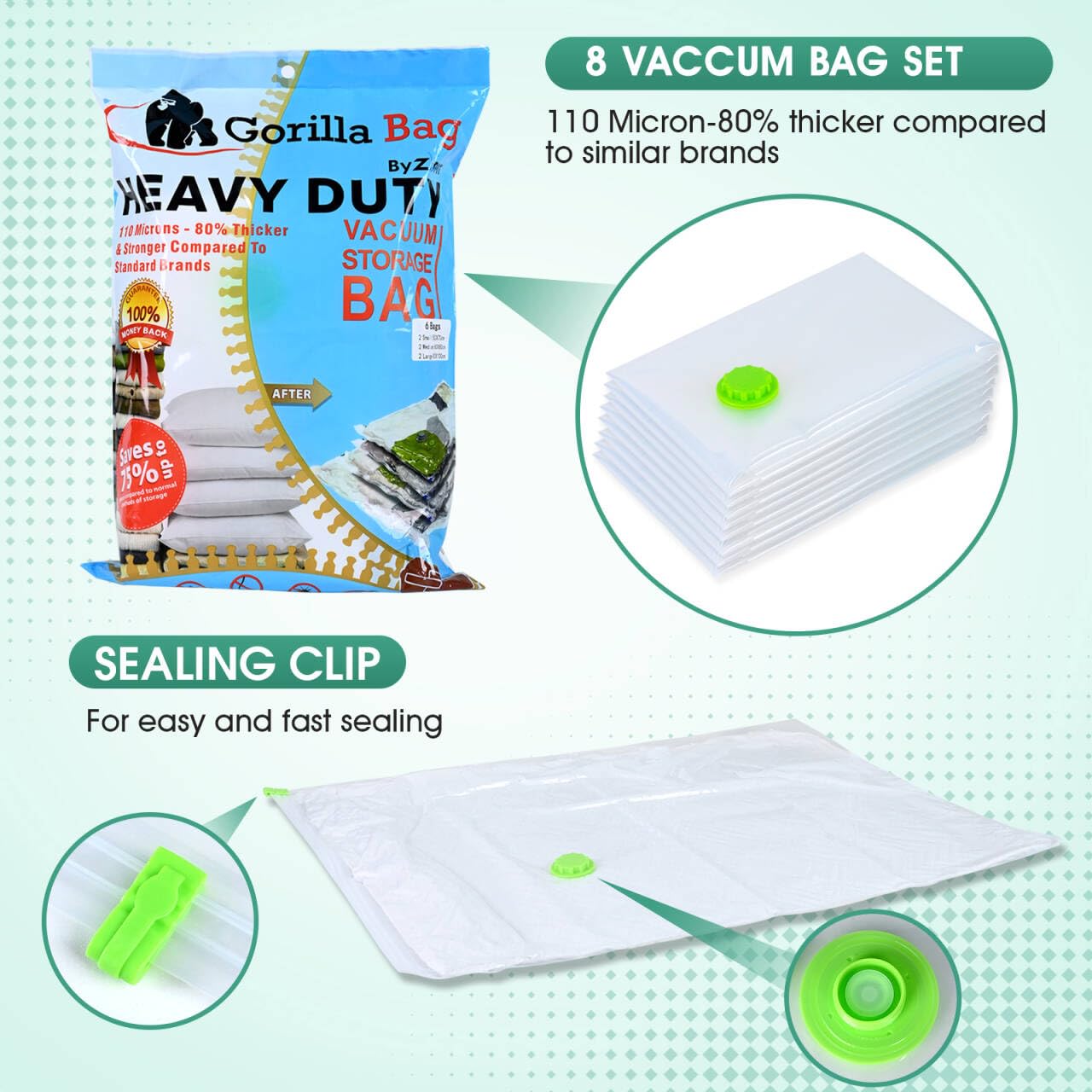 HEAVY DUTY 8 VACUUM STORAGE BAGS by Gorilla Bags. 4 Large (100x80cm), 4 Medium (60x80cm). Double Zip Seal & Unique Turbo Valve Keeps Items Compressed For Longer 4 Large, 4 Medium