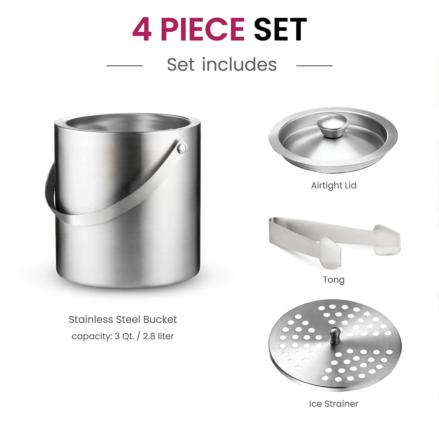 High-Grade Stainless Steel Ice Bucket with Lid and Tongs - 2.8 Litre Premium Double Walled Metal Ice Buckets with Strainer - Easy Carry Handle - Bar Ice Bucket for Ice Cubes, Beer & Champagne Bottles