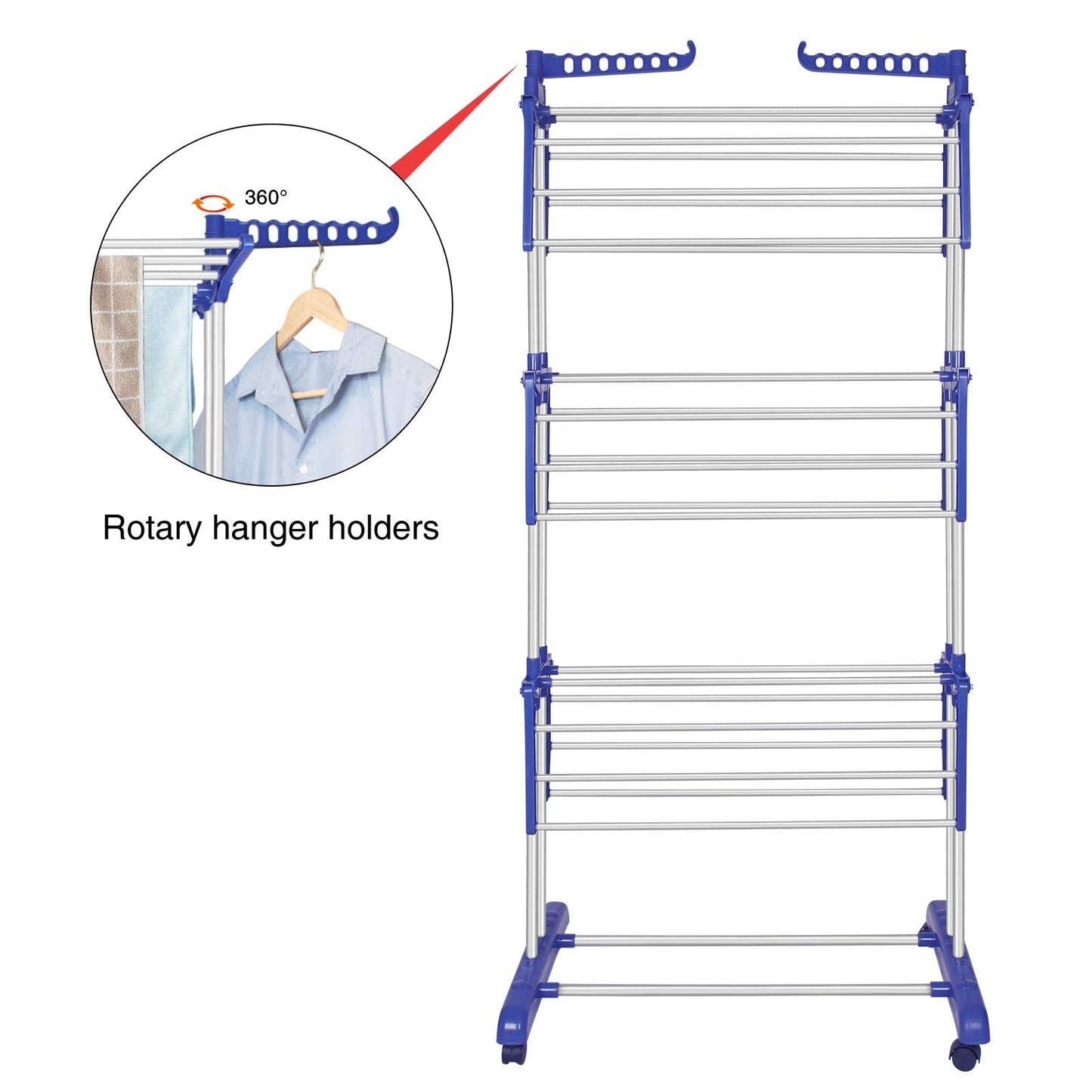 Innotic Clothes Drying Rack Folding Clothes Rail 4 Tier Clothes Horses Rack Stainless Steel Laundry Garment Dryer Stand with Two Side Wings, Blue + Grey 4 Tier Blue + Grey