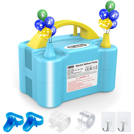 Electric Balloon Pump, Dr.meter 600W Portable Balloon Pump Electric Dual Nozzle High Power for Party, Wedding, Birthday, Activities and Festival Decoration (AC220-240V) Blue + yellow