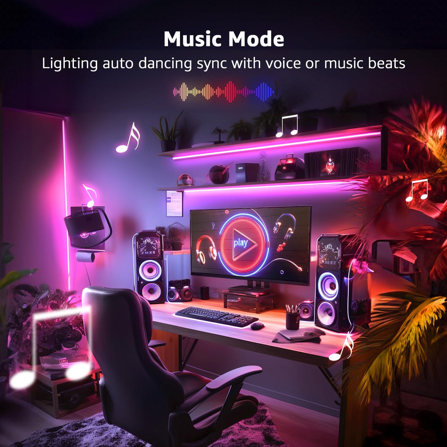 Lepro LED Strip Lights Music Sync 15M (2x7.5M), 5050 RGB Colour Changing LED Strip with Remote and Plug, Dimmable Stick on LED Lights for Bedroom, Kitchen, Party, Teen Girl Kids Room Decor