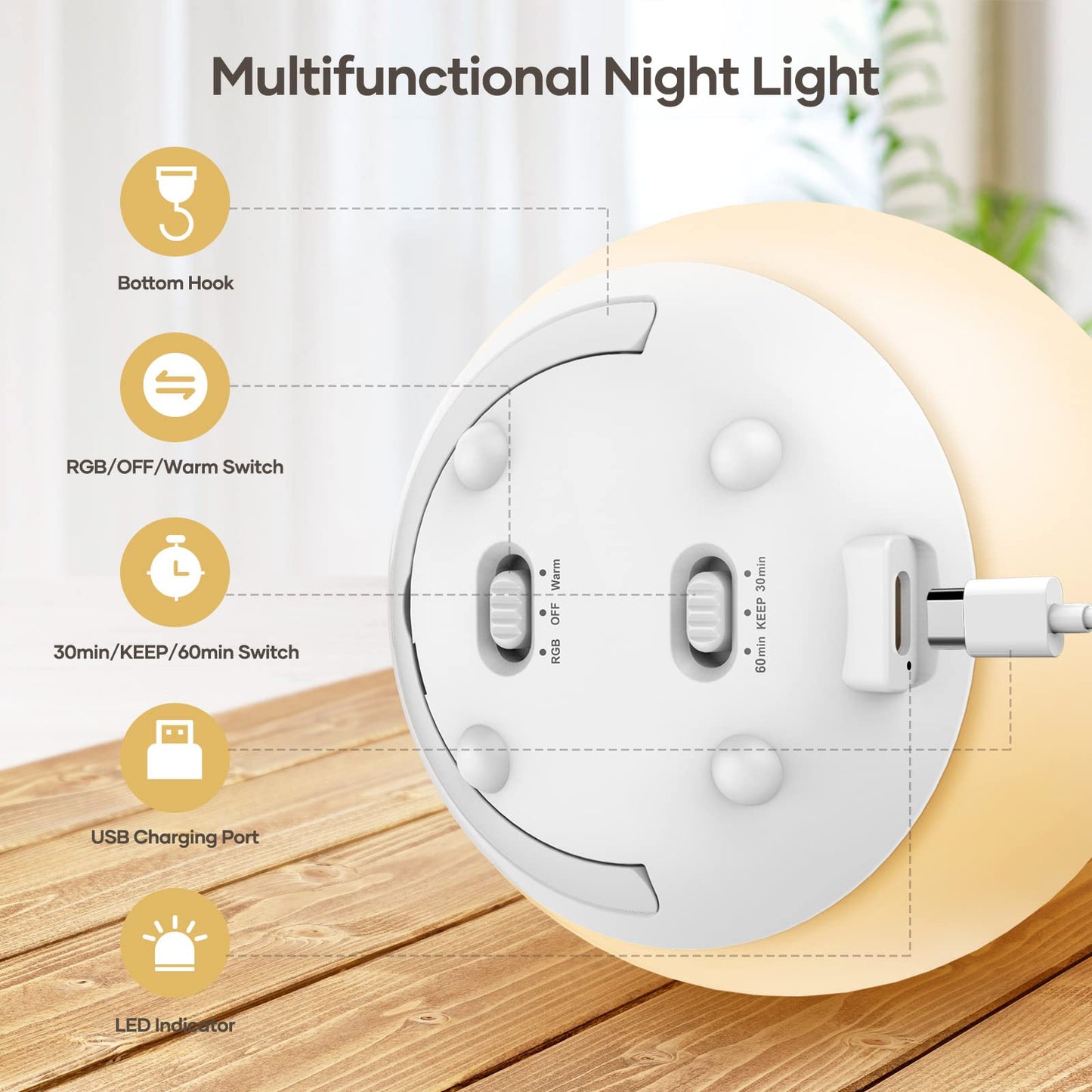 LED Night Light, Night Light for Kids, USB Rechargeable Table Lamp with Dimmable,Warm Light,7 Colors,Touch Control, 0.5/1hour Timer for Nursery, Baby,Bedroom,Camping,Gift White B