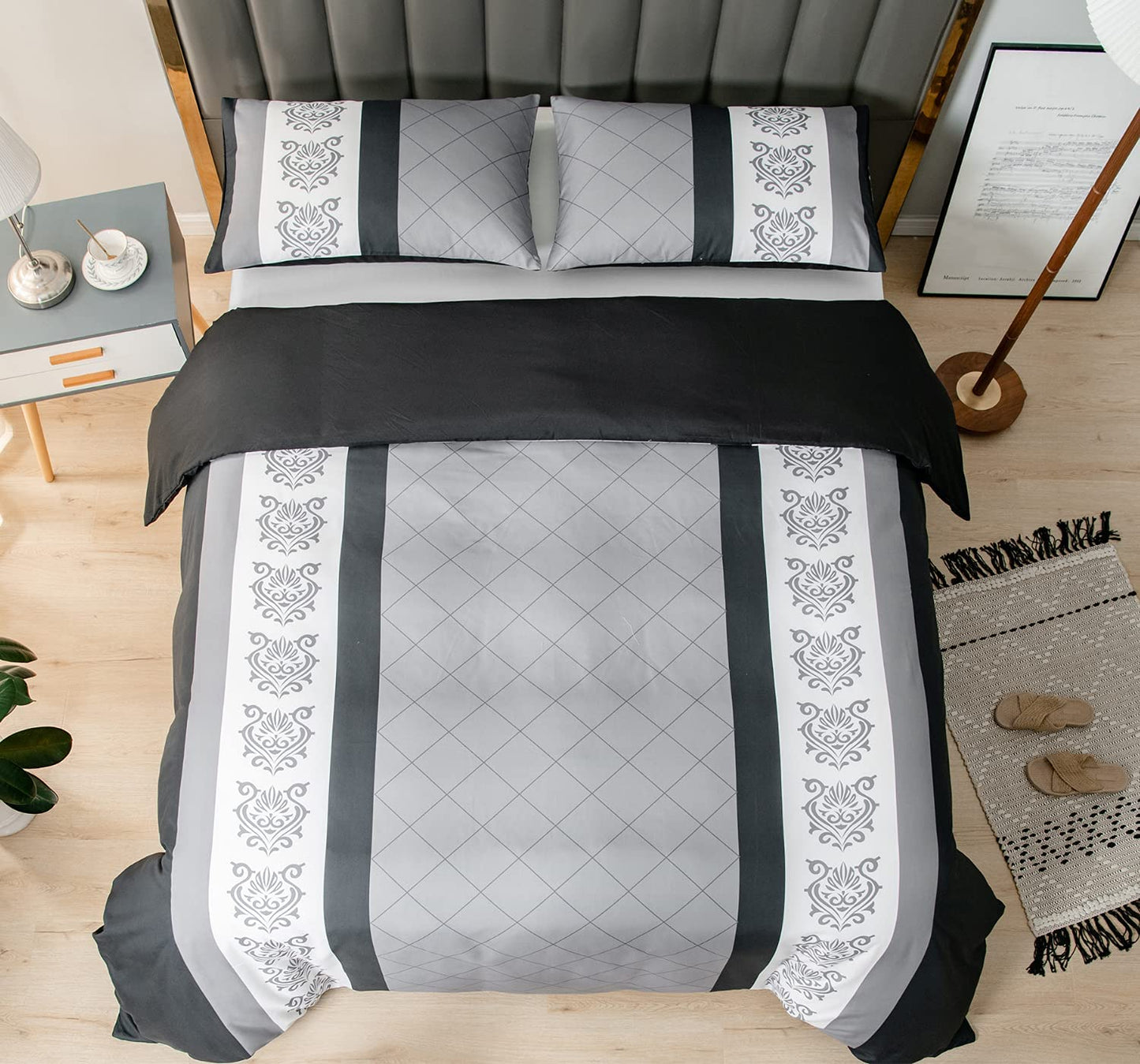 LAZZARO King Size Duvet Set, Non-Iron Kingsize Duvet Covers Bedding Sets, 3 Pcs with Zipper Closure + 2 Pillowcases 230 cm x 220cm Black/White/Grey