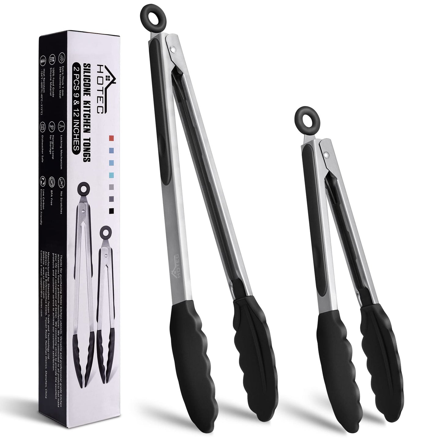 HOTEC Premium Stainless Steel Locking Kitchen Tongs with Silicon Tips, Set of 2-9" and 12" Black 2