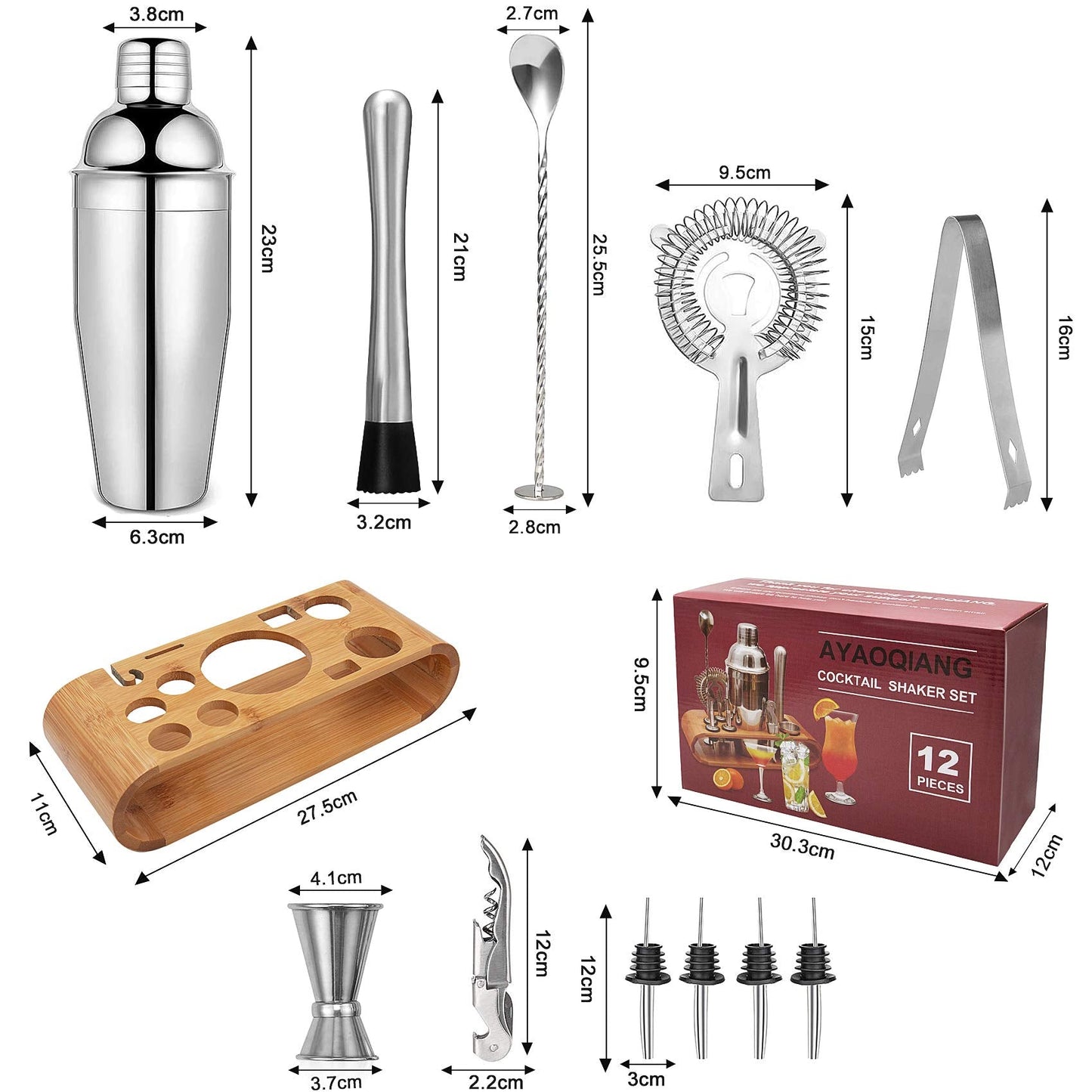 Cocktail Shaker Set,750 ML Stainless Steel Cocktail Mixing Set with Stand,Bartending Kit for Home,Bar,12 Pieces Bar Tool Kit for Christmas,Birthday,Anniversary,Weeding 12 Set