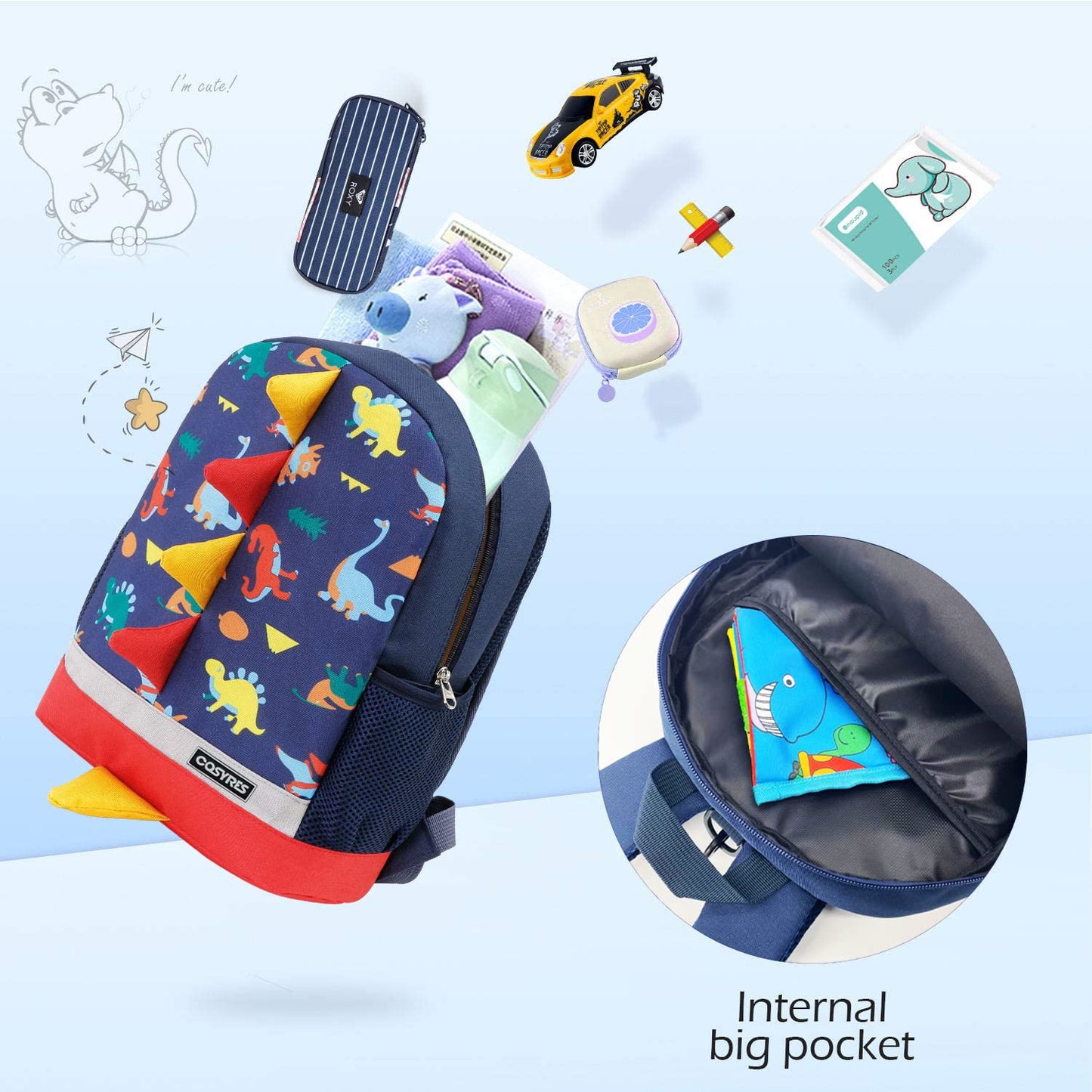 Cosyres Kids Dinosaur Backpack Boys Toddler School Bag Backpack Rucksack (Navy(Size:L)) Navy 2-5 Years Old(size:l)