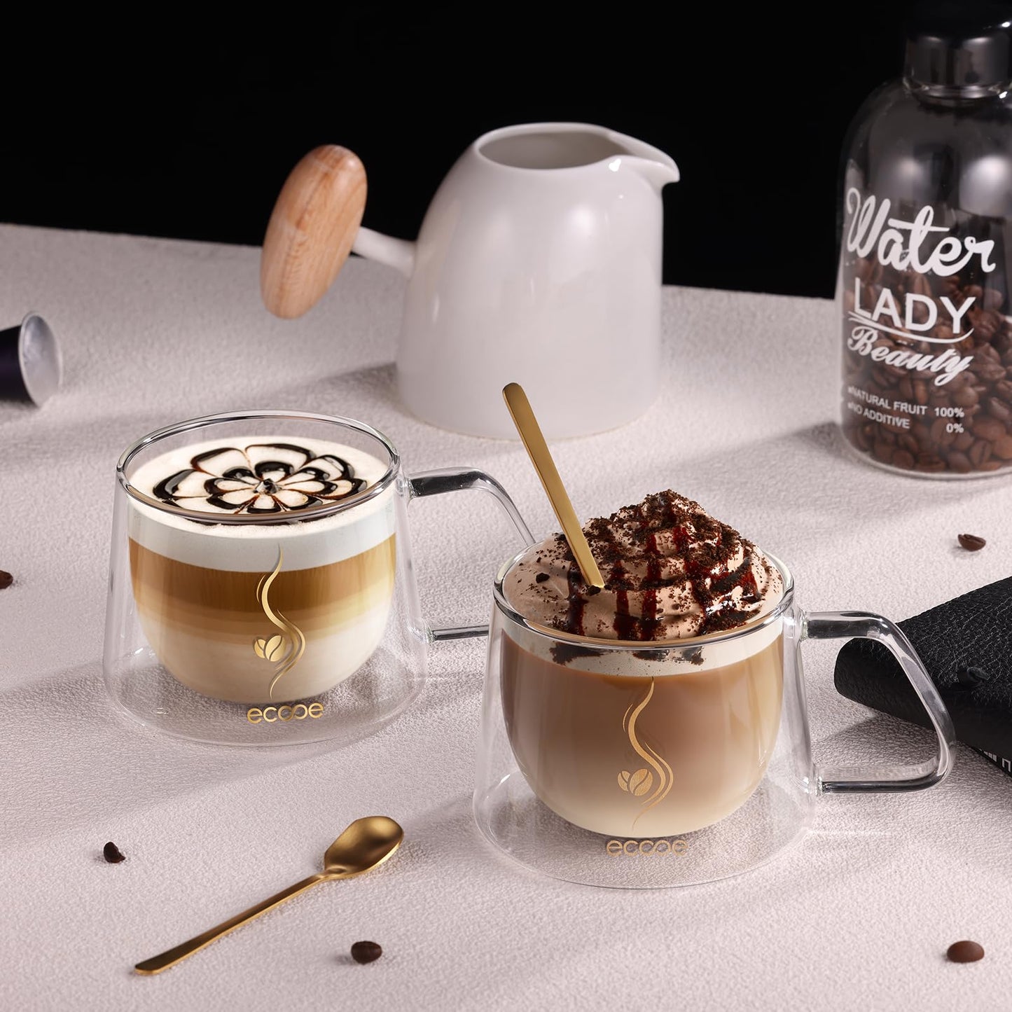 ecooe 350ml Double Walled Coffee Glasses Mugs Cappuccino Latte Macchiato Glasses Cups Set of 2 with Handle Borosilicate Heat Resistant Glass Cups for Coffee Tea Milk Juice Ice Cream Type7-transprarent Type7-350*2