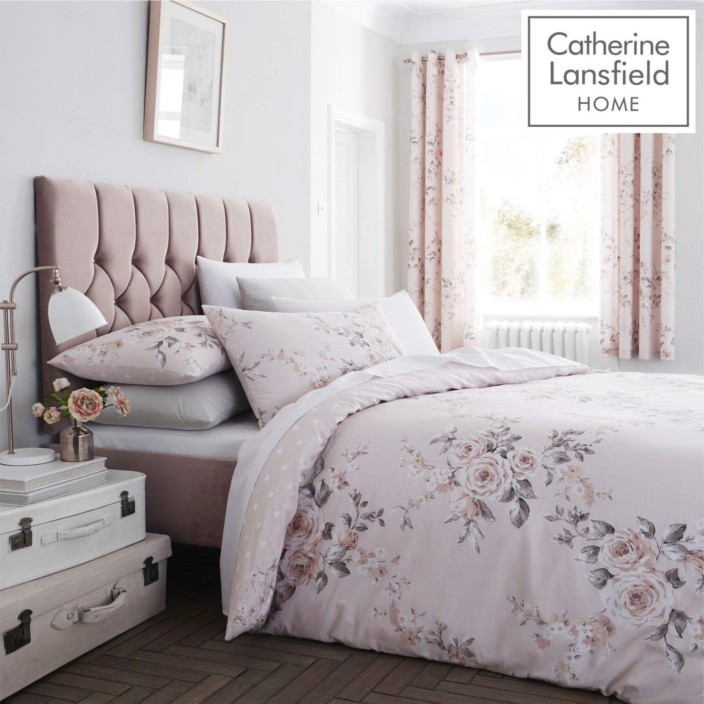 Catherine Lansfield Canterbury Floral Reversible Super King Duvet Cover Set with Pillowcases Blush Pink Super King Duvet Set