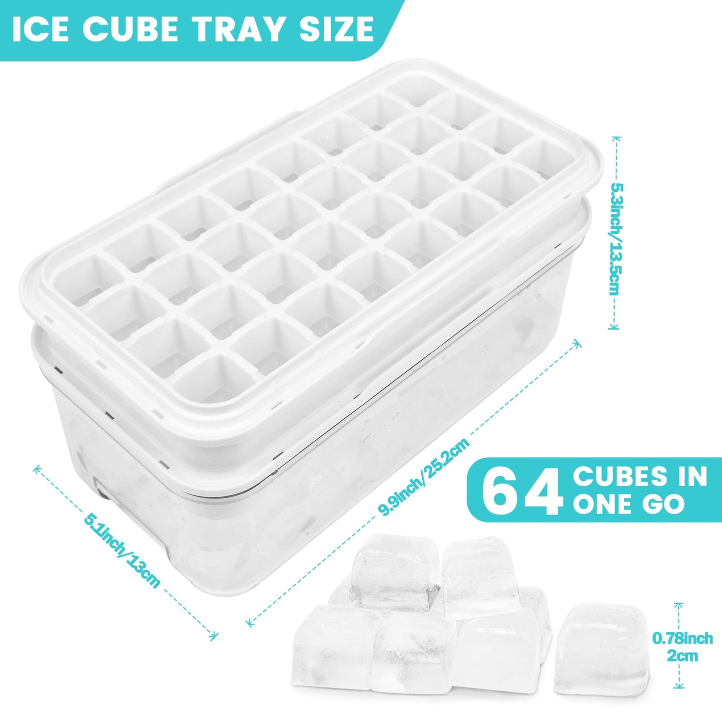 Ice Trays for Freezer with Lid & Bin, Ice Cube Tray Making 64 pcs Ice Cubes, Easy Press to Release Ice, Ice Tray with Storage Bin Chilling Cocktail Whiskey Coffee 2 Trays 1 Ice Bucket & Scoop (Black) Black