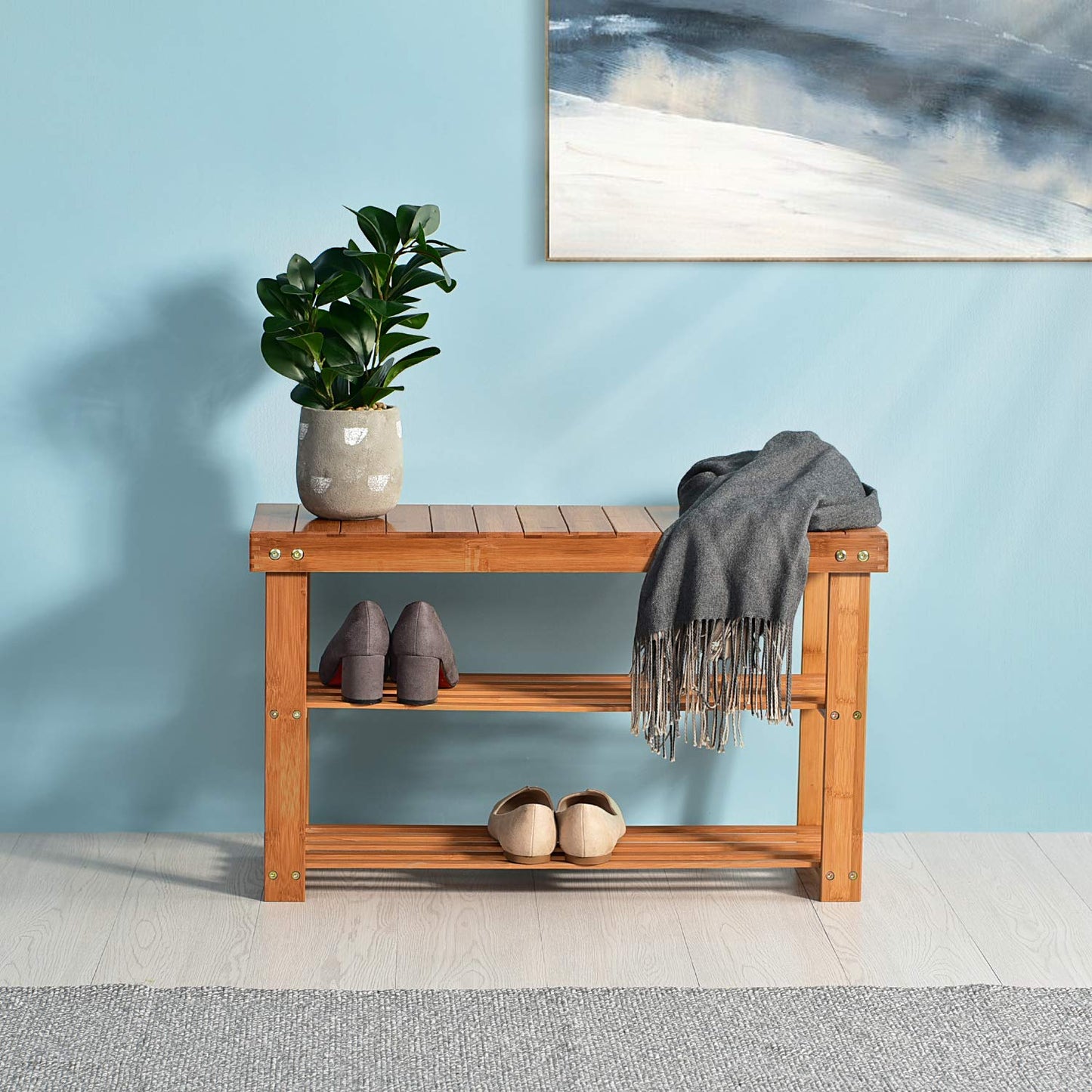 Hododou Shoe Rack, 2 Tier Bench Storage Organiser Holder 70 x 27 x 45cm Made of 100% Natural Bamboo Max Load Capacity up to 100KG 70cm