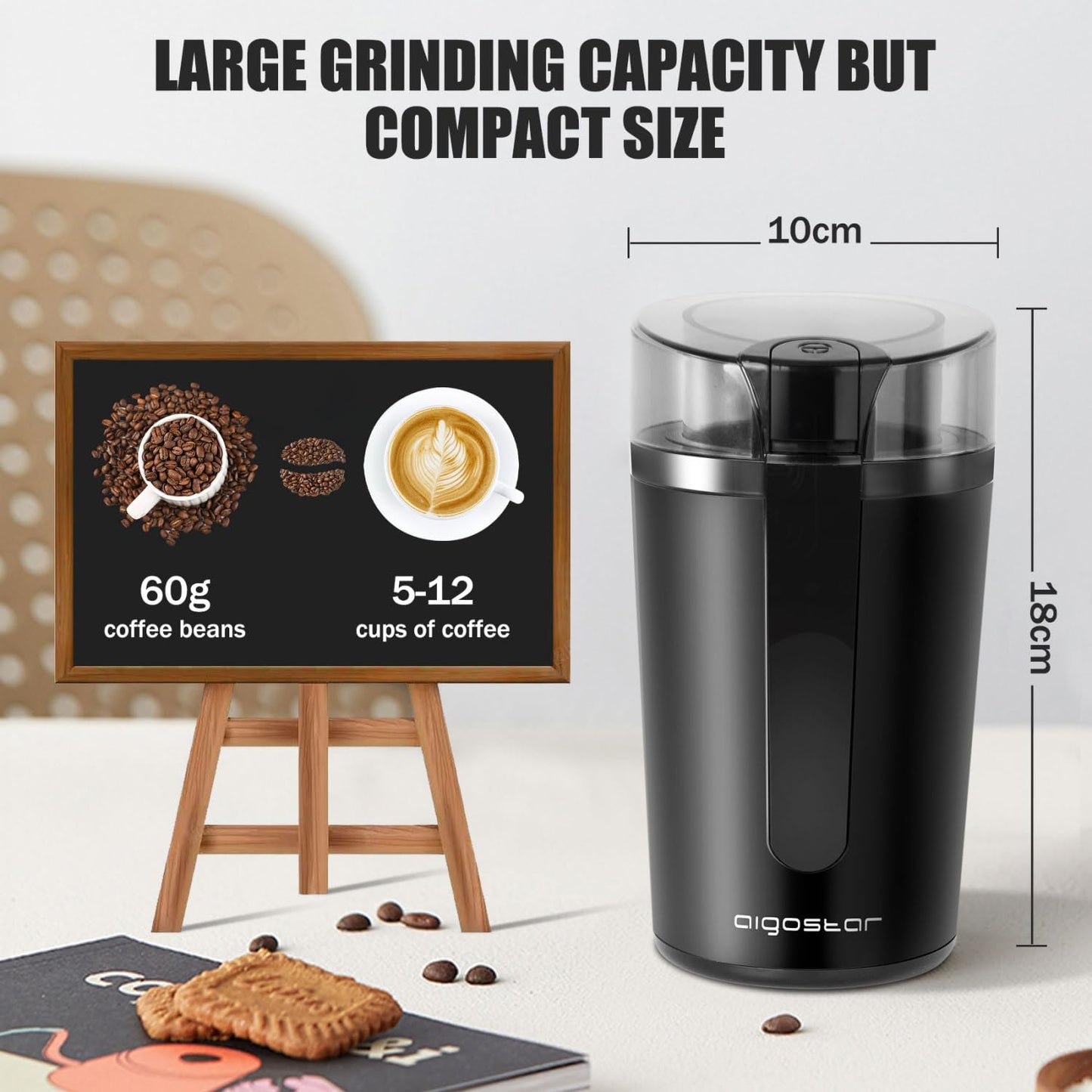 Aigostar Coffee Grinder Electric with Removable Lid, Grinder for Coffee Bean, Pepper, Grain, Spice, Nuts Safe 304 Stainless Steel Blades, Powerful Grinder Motor 200W - Natural 30RRK.