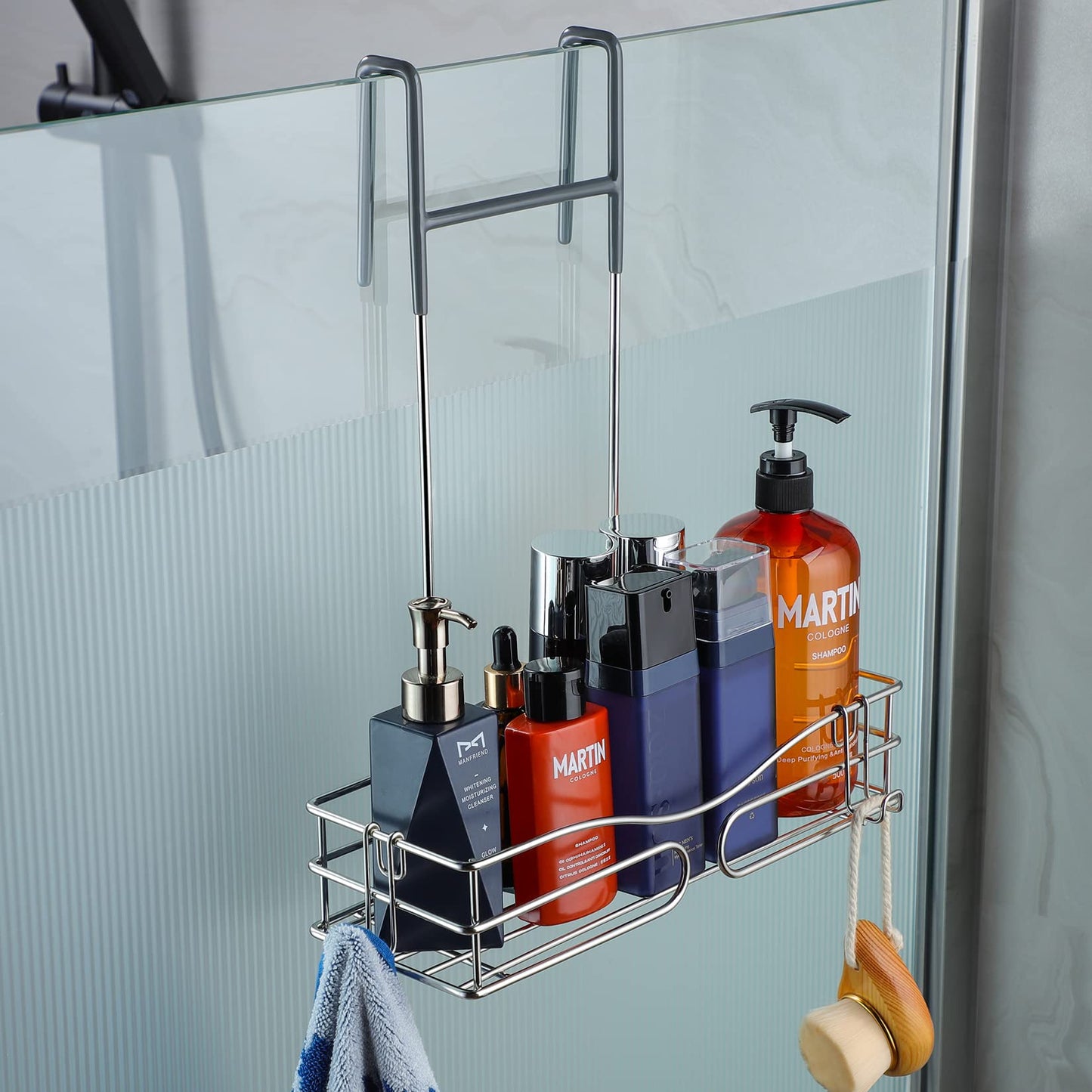 Cooeco Shower Caddy Hanging - Rustproof Shelf Storage Stainless Steel Organizer Bathroom Shampoo Holder over the Door with 2 Hooks one-tier Silver