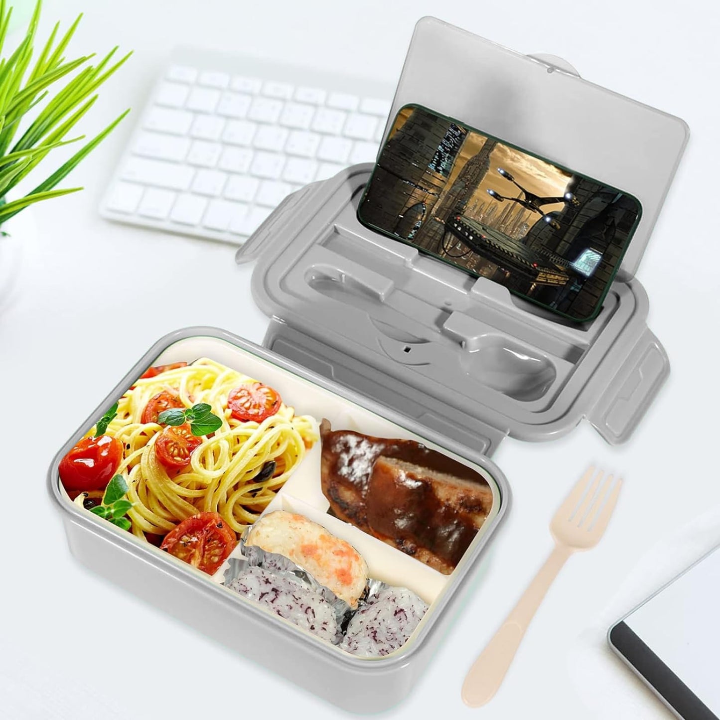 IJIAMY 1400ml Bento Lunch Box, Container with 3 Compartments, Cutlery, Dishwasher, BPA Free Sandwich Box for Adults and Kids Grey