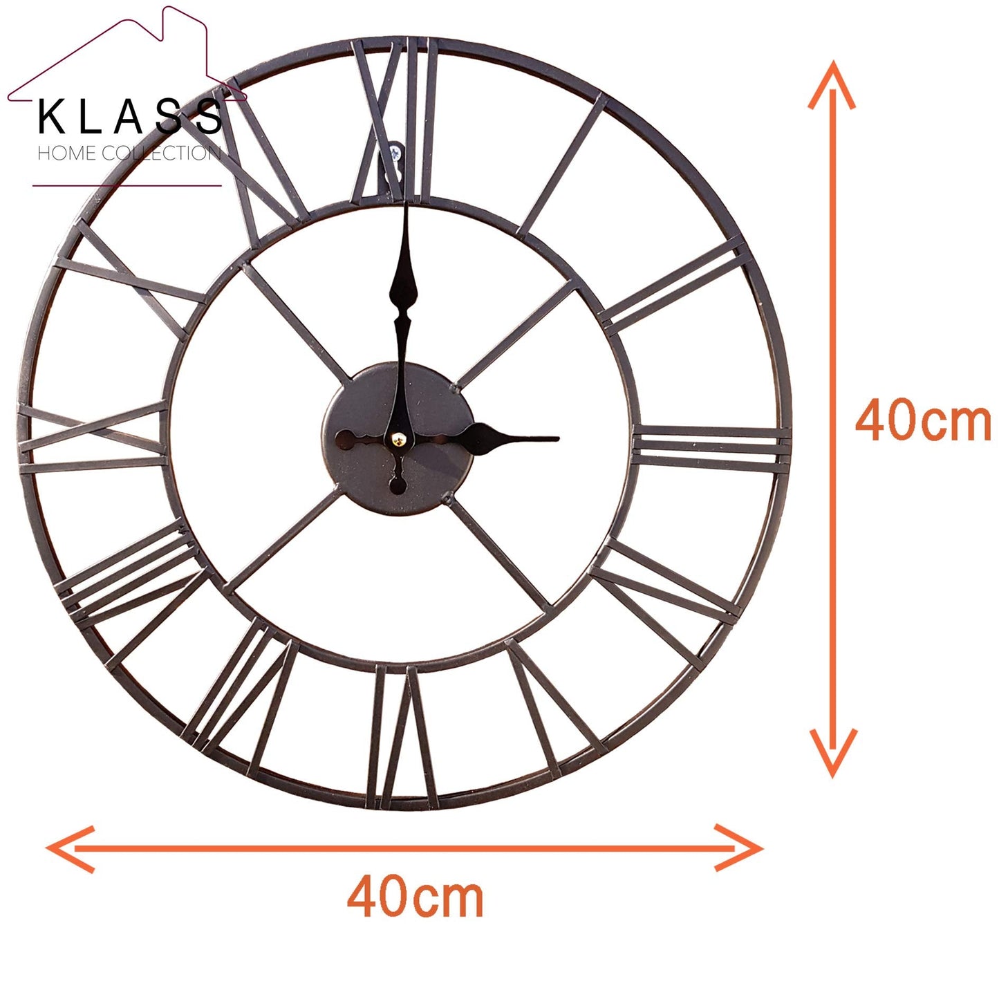 Klass Home 40cm Black Metal Large Wall Clock INDOOR / OUTDOOR Wall Clock | Silent Non-Ticking Roman Numerals Clocks For Living Room | Bedroom Kitchen Clock | Outdoor Clock | Garden Clock | Home Decor 40 CM