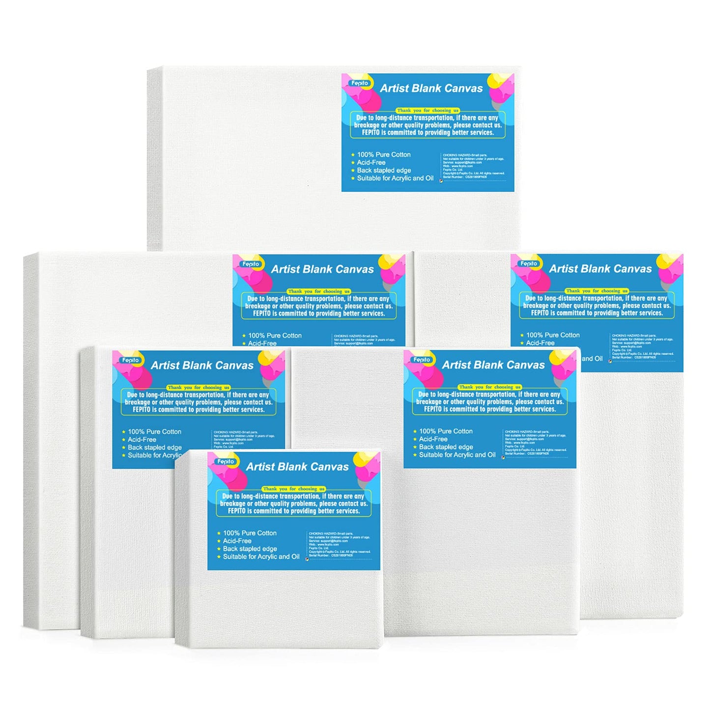 FEPITO 6 Set Blank Stretched Canvas Assorted Size Artist Canvas Multipack Canvases for Acrylic Oil Water Painting 3 Rectangles + 3 Squares 6pcs