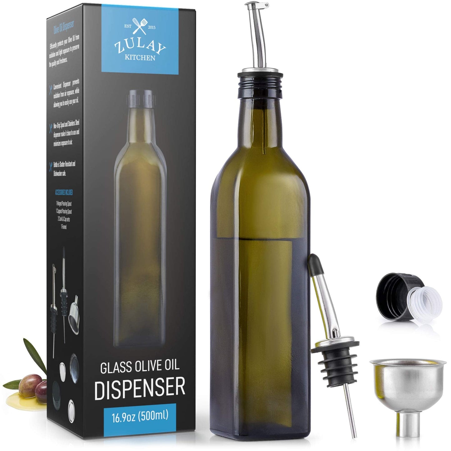 Zulay Olive Oil Dispenser Bottle For Kitchen - Glass Olive Oil Bottle With 2 Spouts, 2 Removable Corks, 2 Caps, & 1 Funnel - Oil Bottle For Kitchen & Storing Liquids Dark Brown 1 Pack