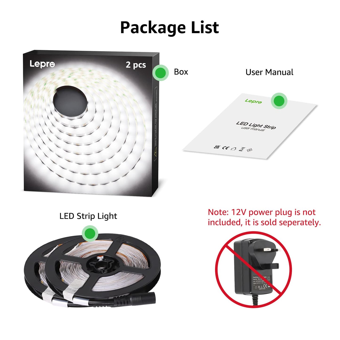 Lepro Bright White LED Strip Light 10M (2x5M), 2x2300lm 6000K LED Tape Light, Stick-on LED Lights for Kitchen Under Cabinet (12V Power Supply Not Included)