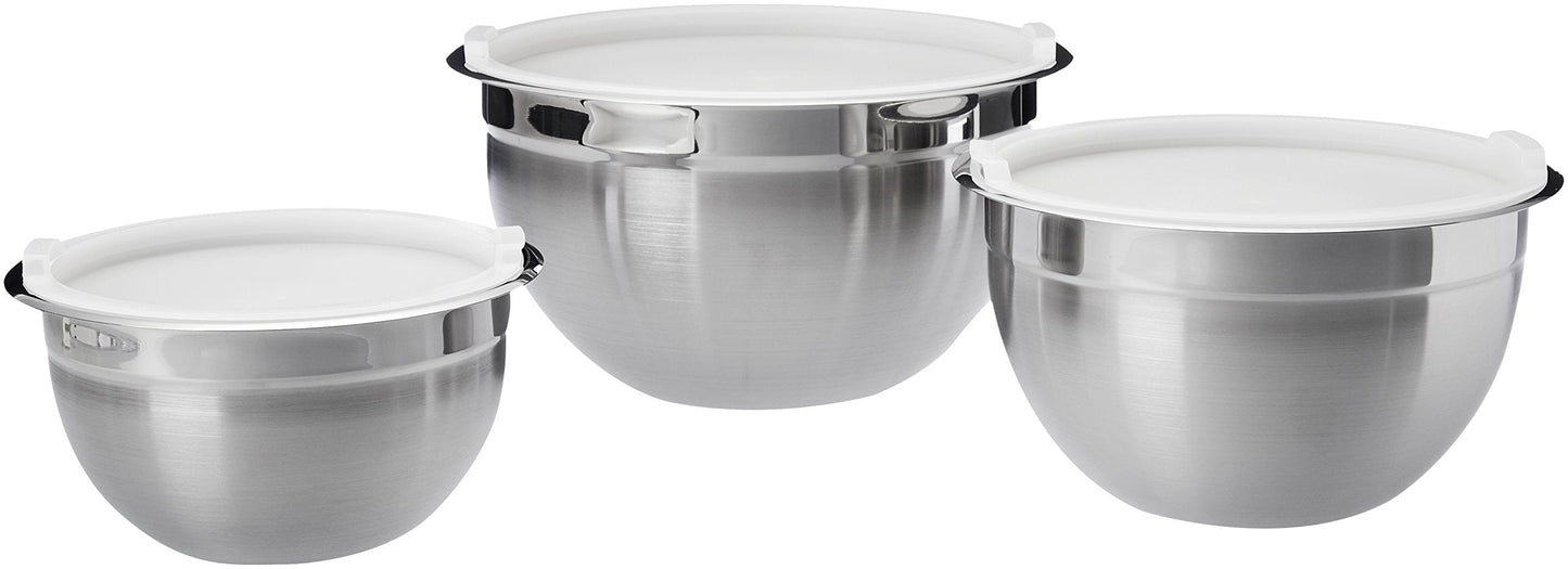 Amazon Basics Stainless Steel 3-Piece Round Mixing Bowl Set, Silver & White