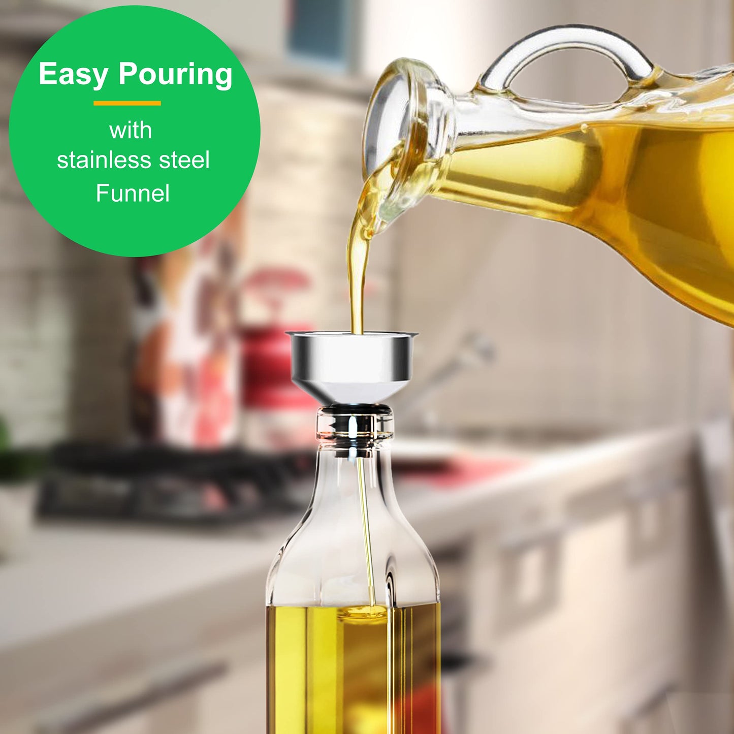 Glass Olive oil dispenser 500 ml, with 1 Funnel For Easy Refill, 2 Stainless Steel Pourer, Clear Borosilicate Oil Bottle for Kitchen, Cooking Oil Container