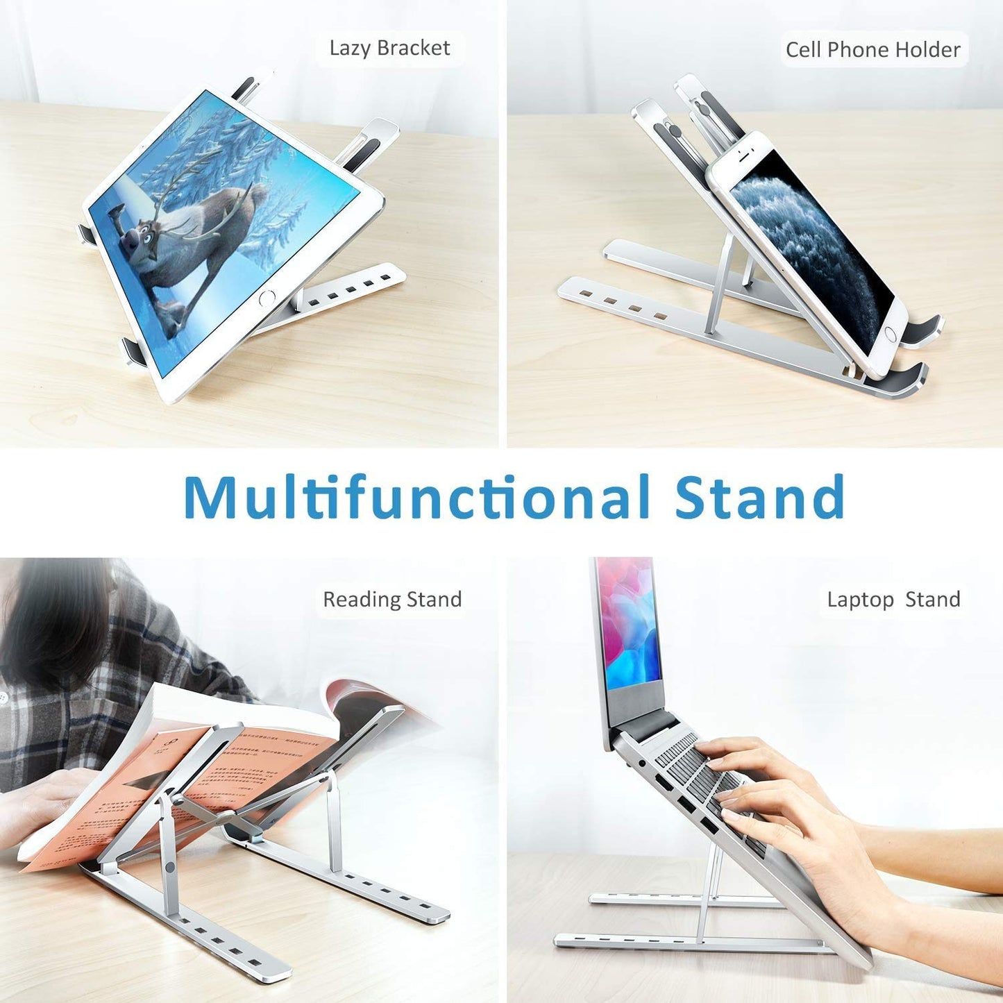 ivoler Laptop Stand for Desk, Adjustable Laptop Riser Aluminum Ergonomic Foldable Portable Tablet Holder, Notebook Stand for MacBook, Lenovo, Dell, HP, More 10-15.6” Laptops- Silver