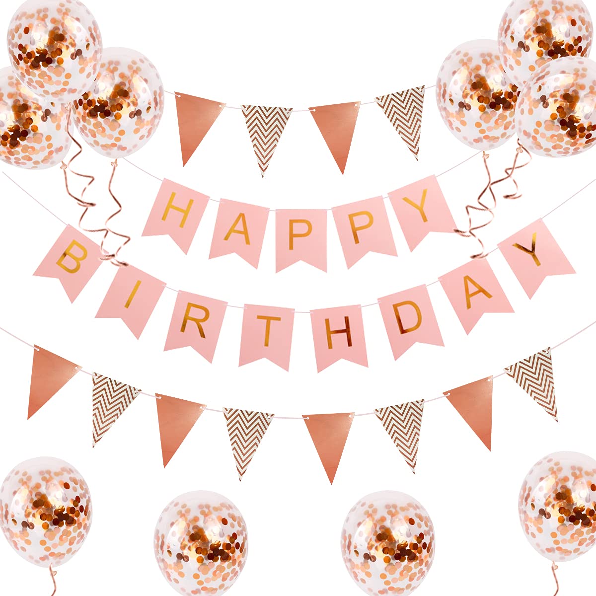 Happy birthday bunting banner balloons – 14 pieces happy birthday decoration pack include a set of rose gold birthday bunting birthday banner 2 ribbons and 10 confetti latex balloons Pink