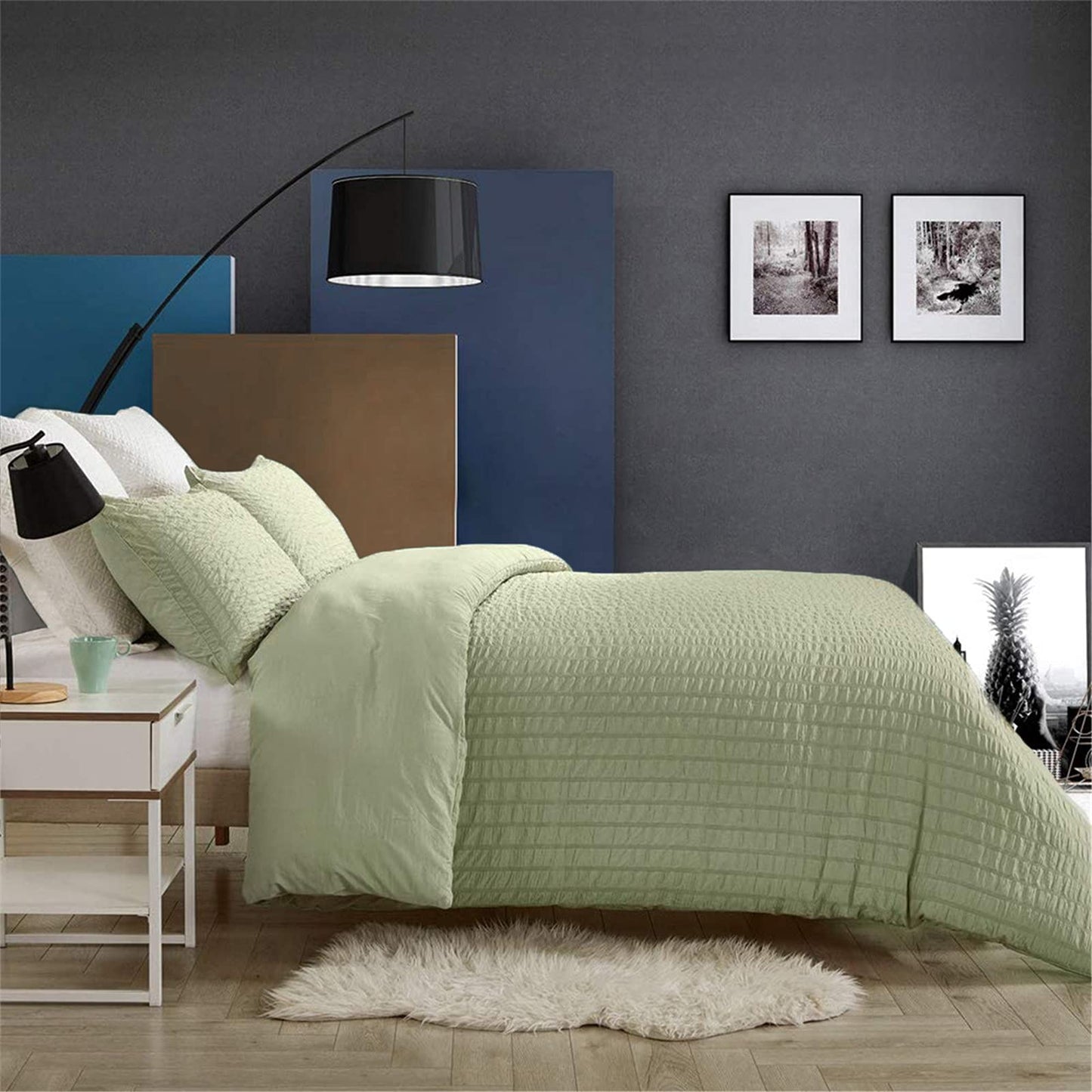 King Size Green Classic Seersucker Duvet Cover for Teens Adults Seersucker Bedding Set with 2 Pillowcases Puckering Duvet Cover Set with Zipper Closure 220×230cm King Size 220x230cm