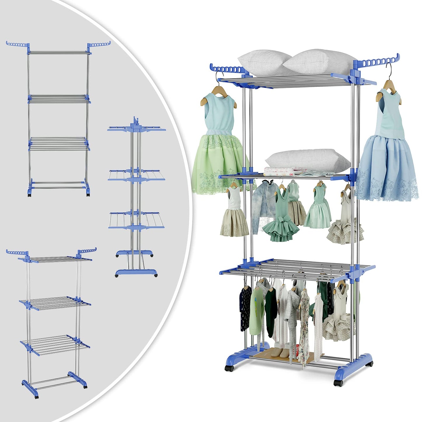 Innotic Clothes Drying Rack Folding Clothes Rail 4 Tier Clothes Horses Rack Stainless Steel Laundry Garment Dryer Stand with Two Side Wings, Blue + Grey 4 Tier Blue + Grey