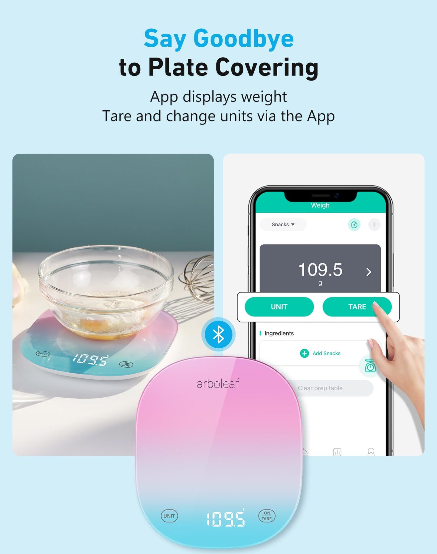 arboleaf Digital Kitchen Scales, Kitchen Scales Rechargeable, Weighing Scales Kitchen, Scales Kitchen with Bluetooth App, LED Display, Tare Function, 10kg/22lb, 0.5g/0.01oz increments, Pink