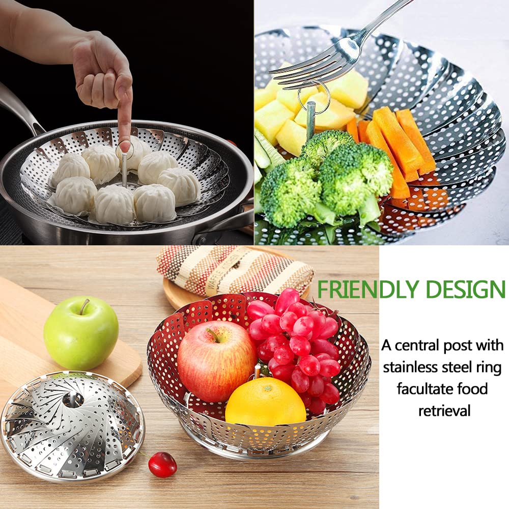 BangShou Steaming Basket for Cooking, Stainless Steel Vegetable Steamer for Saucepan, Metal Collapsible Pan Steamer Insert for Food, Small Folding Veg Petal Steamer with Handle (9'') 9''