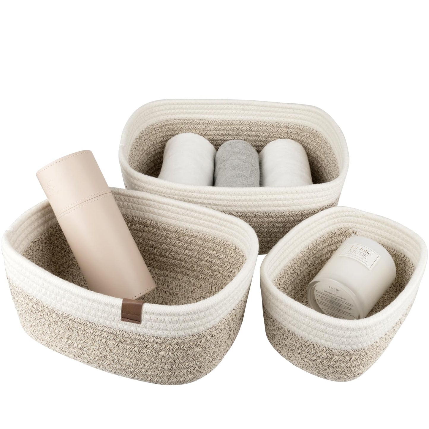 LA JOLIE MUSE Storage Baskets, Cotton Rope Woven Bathroom Storage Basket Set of 3, Small Basket Box Organizer Bins With Handles White&desert Pack 3