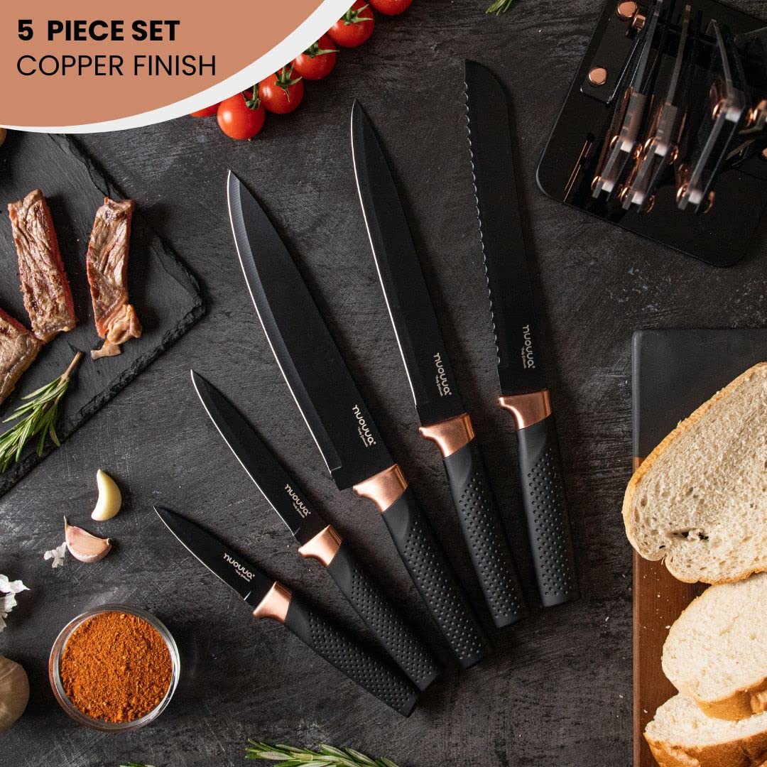 Kitchen Knife Block Set Copper 5 Piece Set with Knives Clear Acrylic Block Stainless Steel Blades - by Nuovva 5pcs