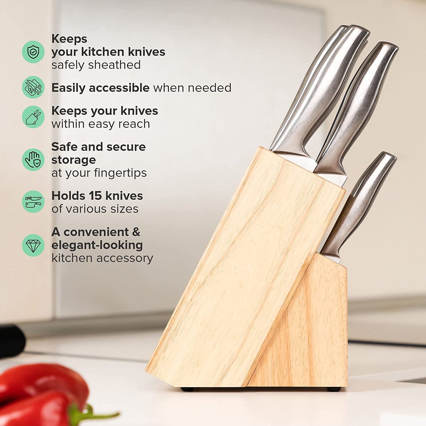 Coninx Knife Block RubberWood - Safe & Easy Universal Knife Block Solution - Convenient and Secure Knife Support Without Knives to Save Space and Find Your Knives Easily – Universal Knife Holder Malaysian Oak