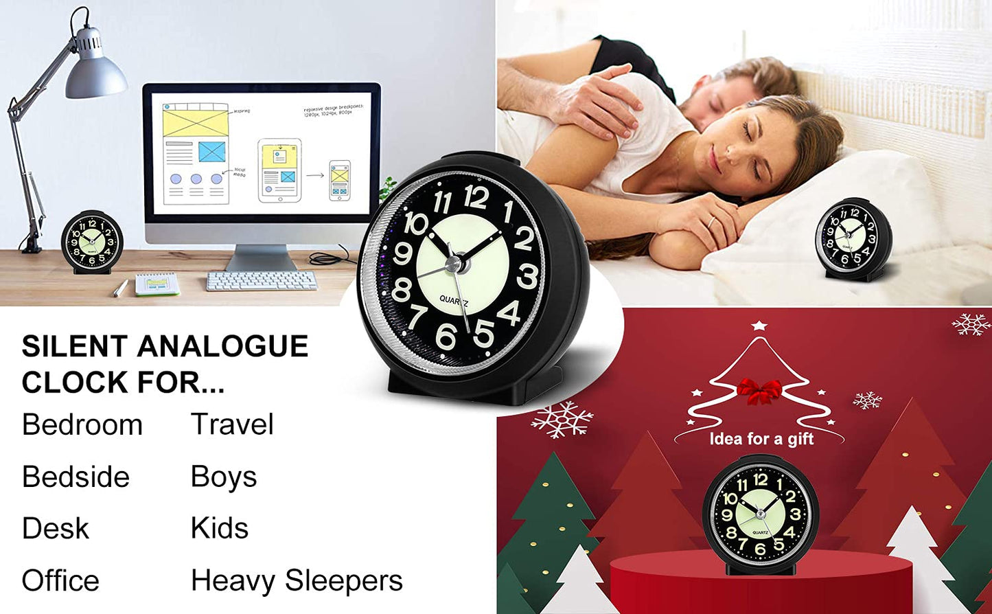 Jcobay Analogue Alarm Clock Simple Alarm Clocks Bedside Non Ticking Battery Powered Luminous Silent Clock with Snooze Light Glow in the Dark Table Clocks for Bedrooms Heavy Sleepers Desk Office Travel Black