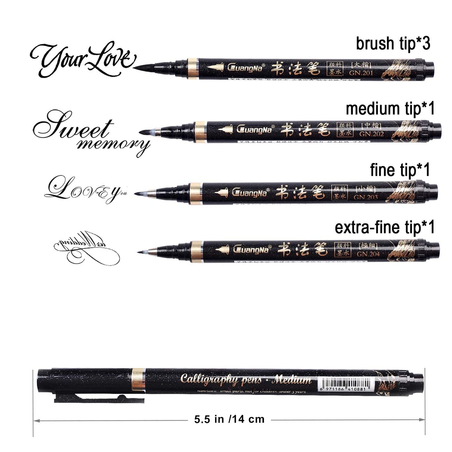 Calligraphy Pens - 6pcs Calligraphy Set for Beginners Refillable Black Brush Marker Pens,Hand Lettering Pens for Writing, Signature, Illustration, Design and Drawing, 4 Sizes