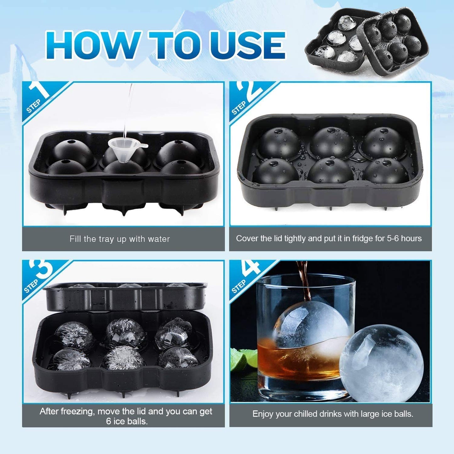 LessMo 2 Pack Ice Cube Trays, Silicone Sphere Giant Ice Ball Maker with Lid and Large Square Ice Cube Molds for Whiskey, Reusable and BPA Free 6 ICE CUBE+ 6 ICE BALL