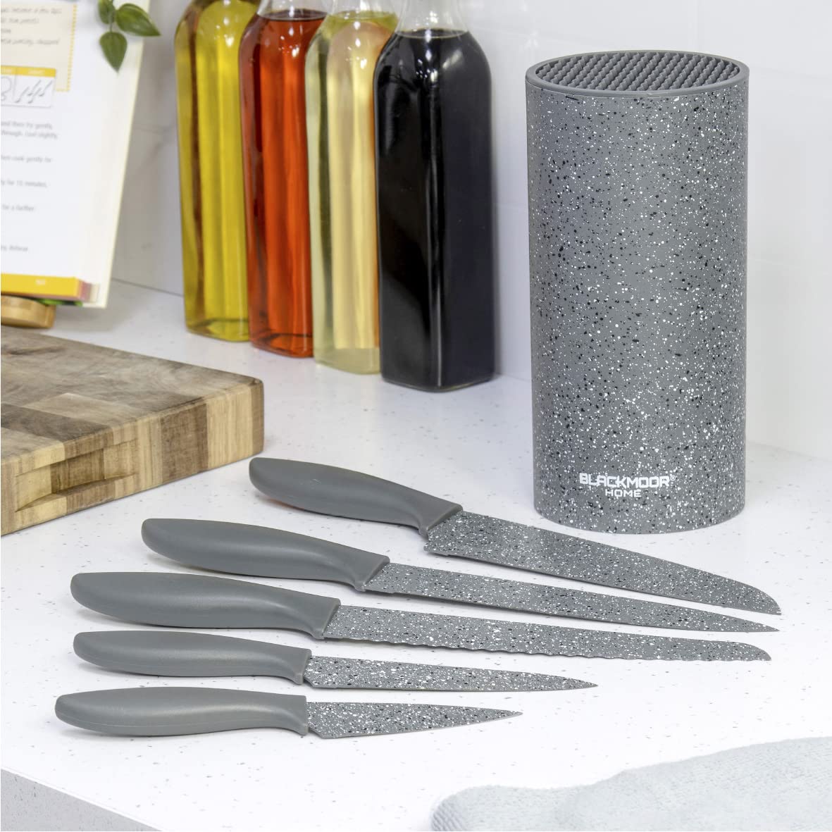 Blackmoor 66919 5-Piece Knife Set / Comes with Freestanding Storage Block / Stainless Steel Knives / Non-Stick Grey Marble Coating / Easy Clean / Modern & Stylish Kitchen Accessory