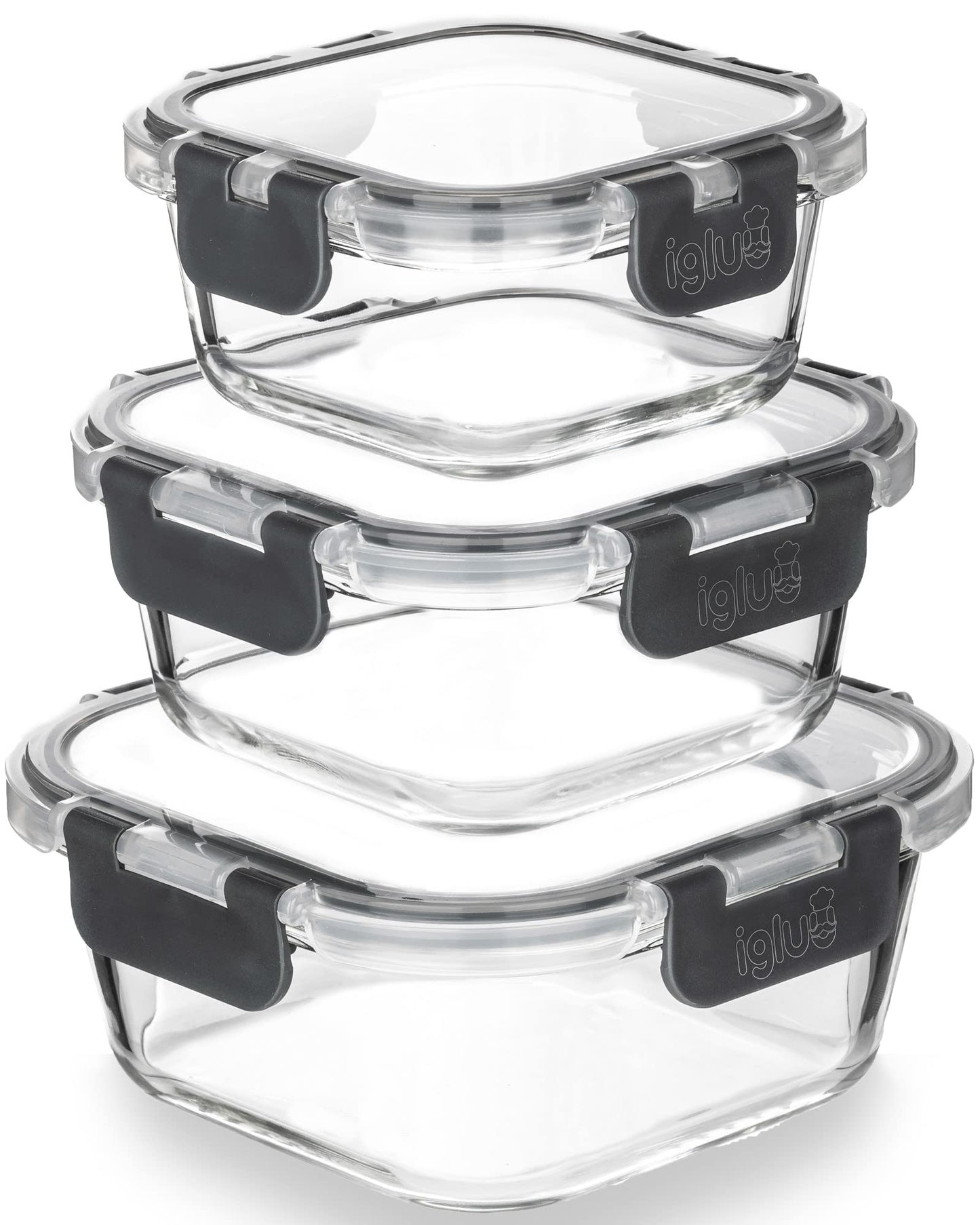 Igluu Meal Prep - Glass Stackable Square Containers (3 Pack) – BPA-Free Lunch Box Food Storage Set. Innovated Leak Proof Hinged Airtight Lids. Microwave, Oven & Dishwasher-Safe (800ml, 520ml, 320ml)