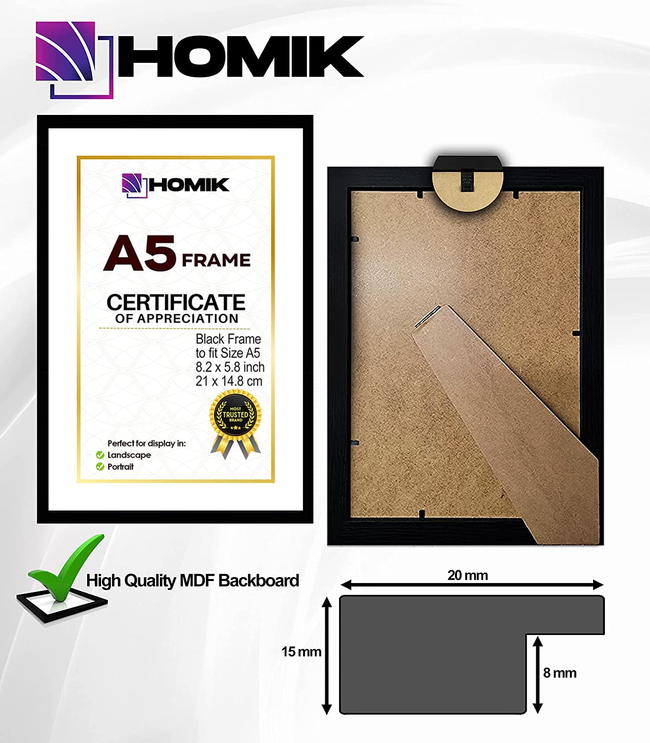 HOMIK A5 Frame | A5 Photo Frame With Acrylic Safety Glass Photo Frame with Mount - Home Decor Photo Frame | A5 Picture Frame Ideal For Gifting Black