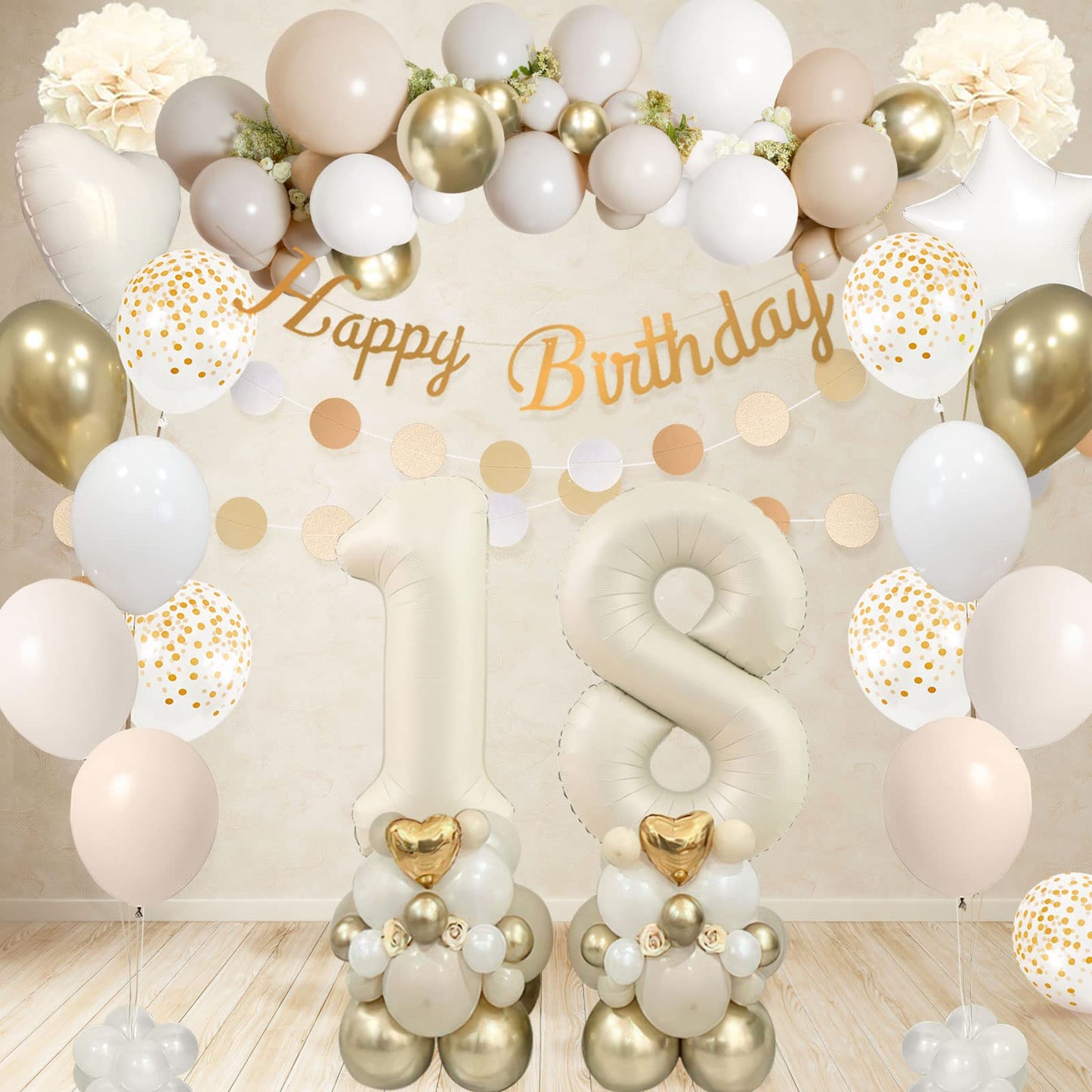 18th Birthday Decoration for Girl Boy,Sand White Gold Birthday Party Decorations,18th Birthday Balloons Beige Gold,Happy Birthday Banner,Number 18 Balloons,Pom Poms for Girl Birthday Party Decorations