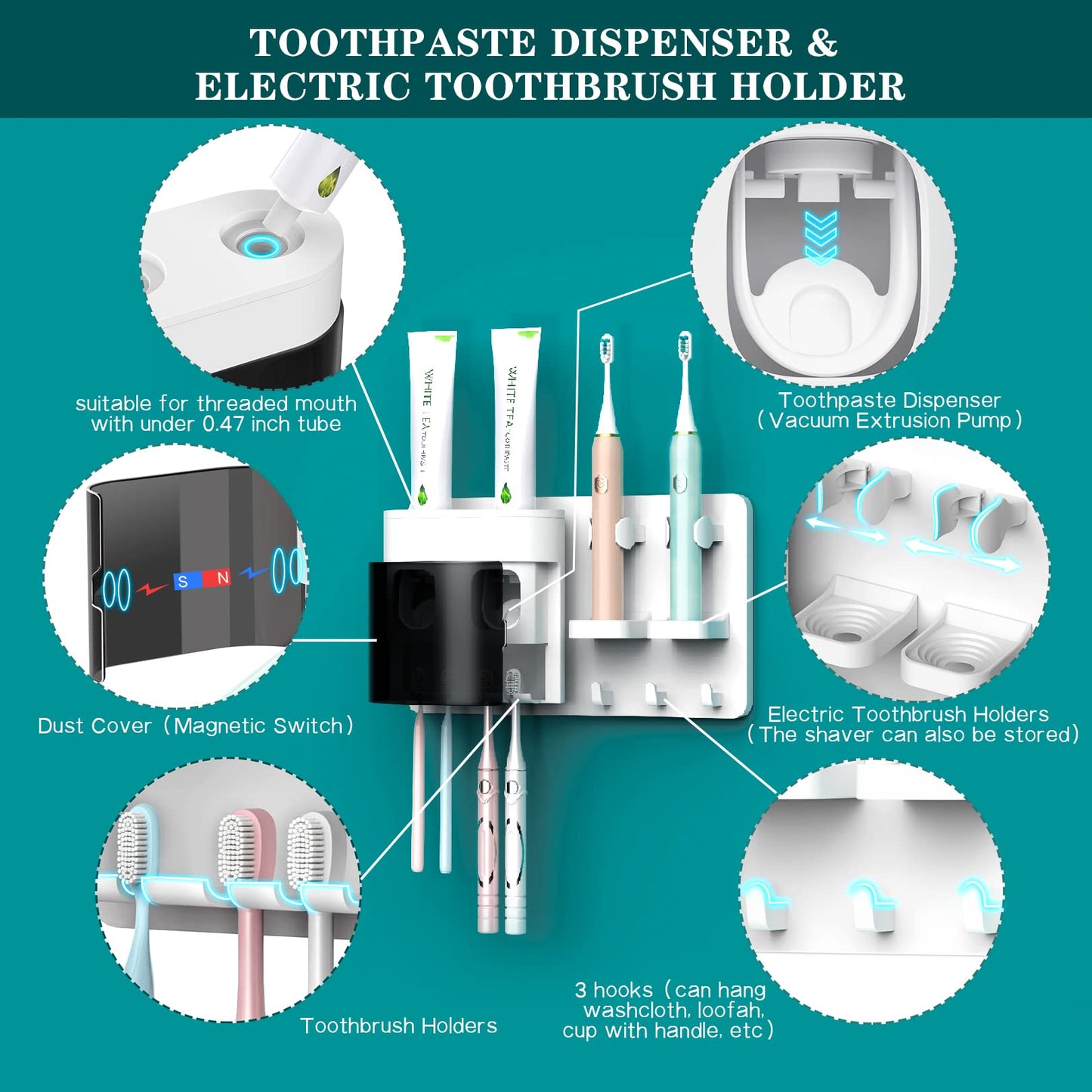 DENSAIL Wall Mounted Automatic Toothpaste Dispenser with Dust-Proof Cover and 2 Toothpaste Squeezer, 2 Electric Toothbrush Holders and 4 Toothbrush Organizer Slots 2 Dispenser